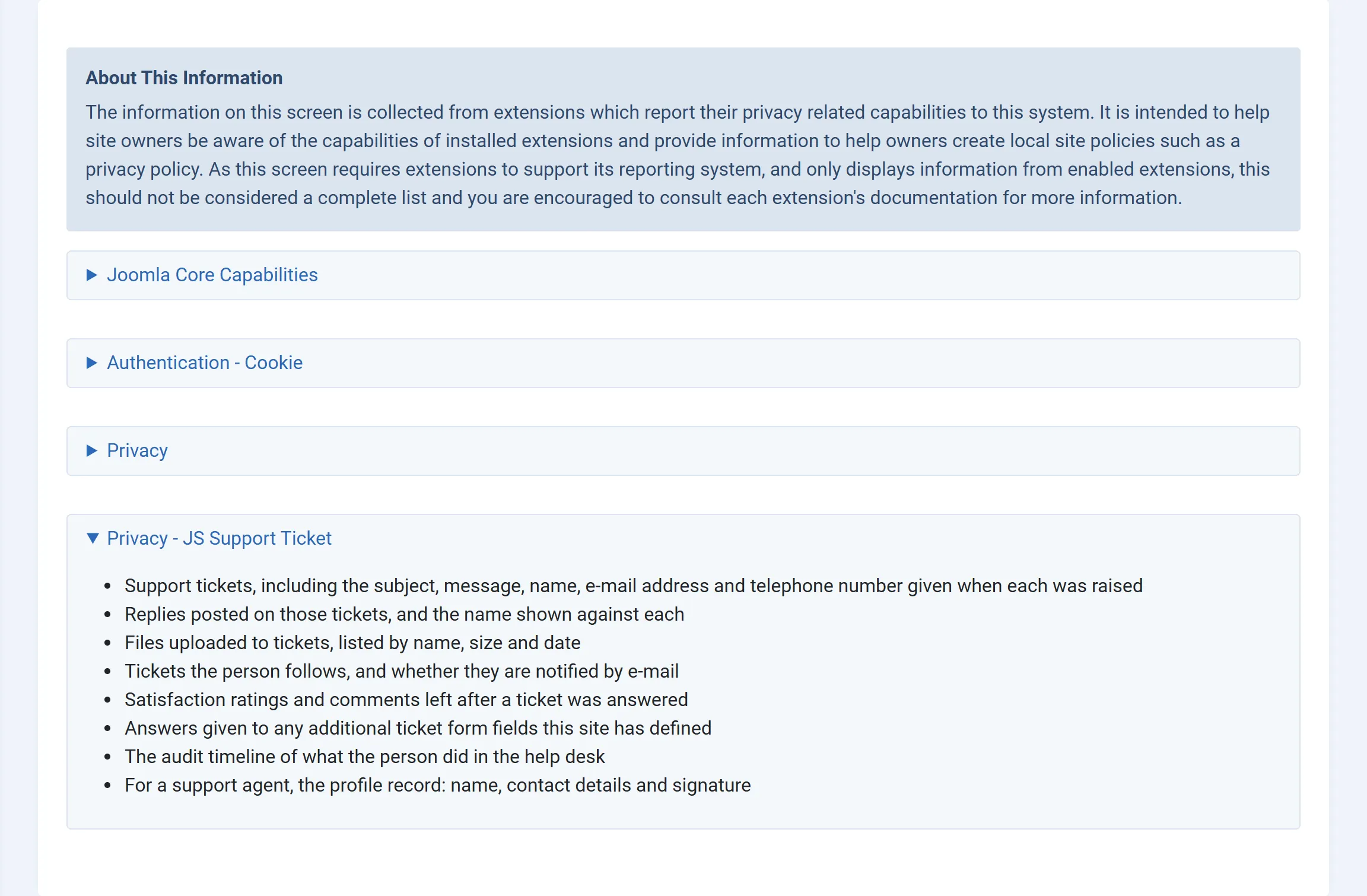 The Privacy: Extension Capabilities screen in Joomla with the “Privacy - JS Support Ticket” section opened, listing the eight kinds of data the help desk holds.