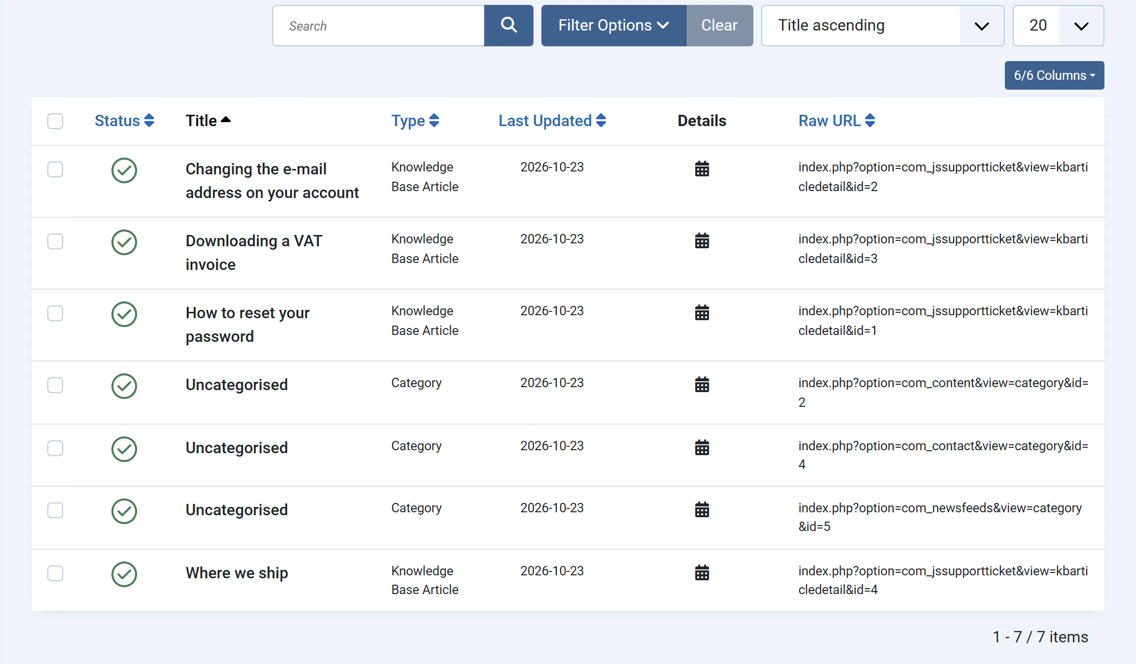 Smart Search: Indexed Content in Joomla, listing the four knowledge base articles with the type “Knowledge Base Article”, next to the categories Joomla indexes itself.