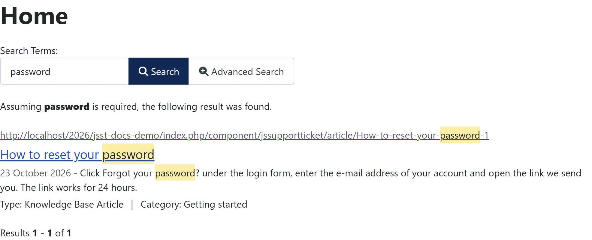 A Smart Search results page on the site for the word “password”, with the knowledge base article “How to reset your password” in the results.