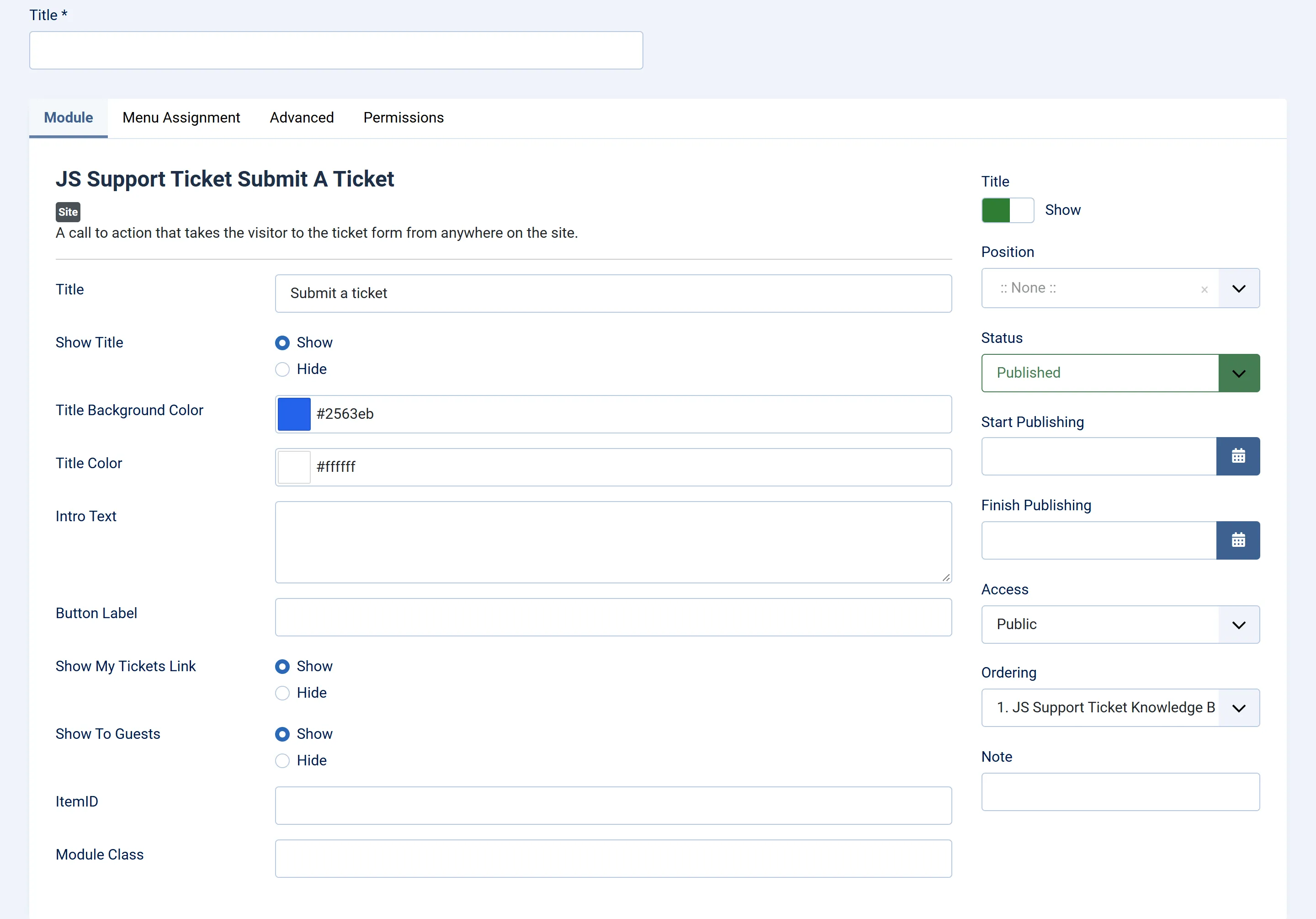The module’s edit screen in Joomla, Module tab, showing Title, Show Title, Title Background Color, Title Color, Intro Text, Button Label, Show My Tickets Link, Show To Guests and ItemID.
