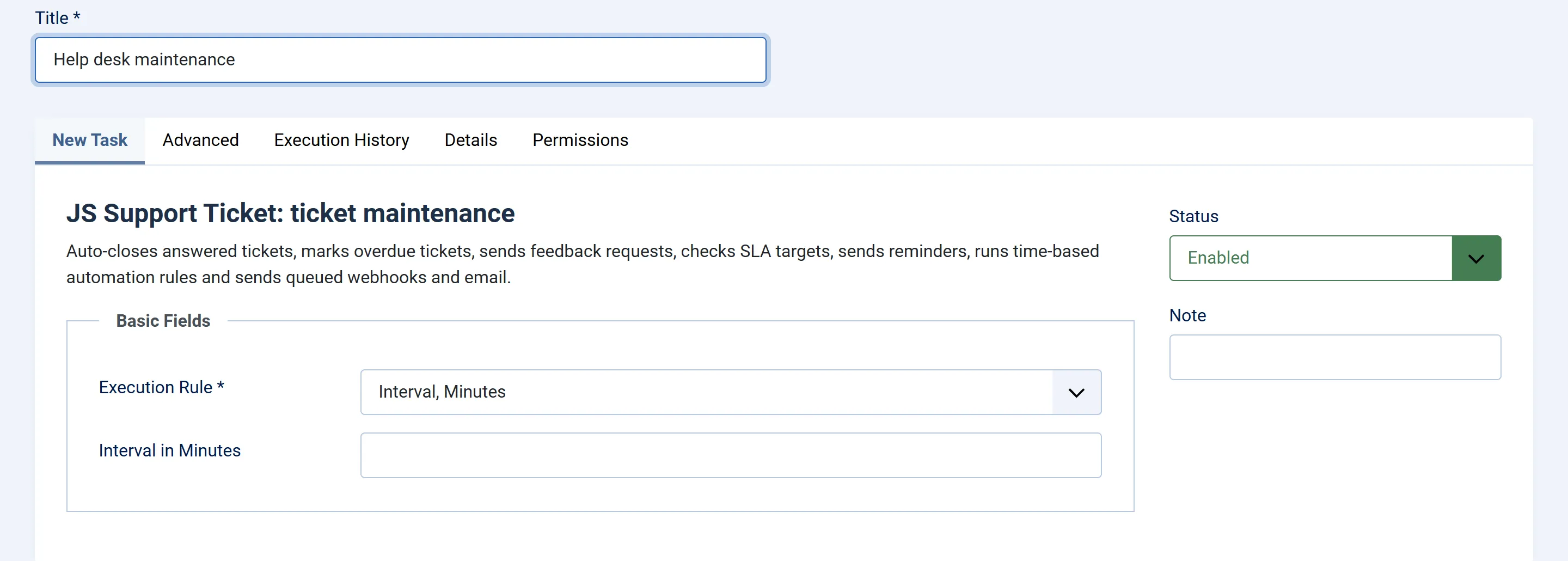 Joomla’s new task form for “JS Support Ticket: ticket maintenance”, with the Title and Execution Rule fields.