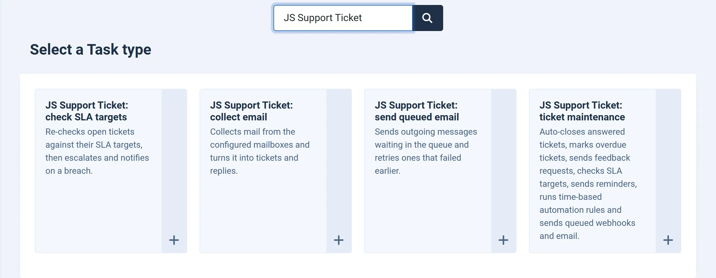 Joomla’s Select a Task type screen filtered on “JS Support Ticket”, showing the four JS Support Ticket task types: check SLA targets, collect email, send queued email and ticket maintenance.
