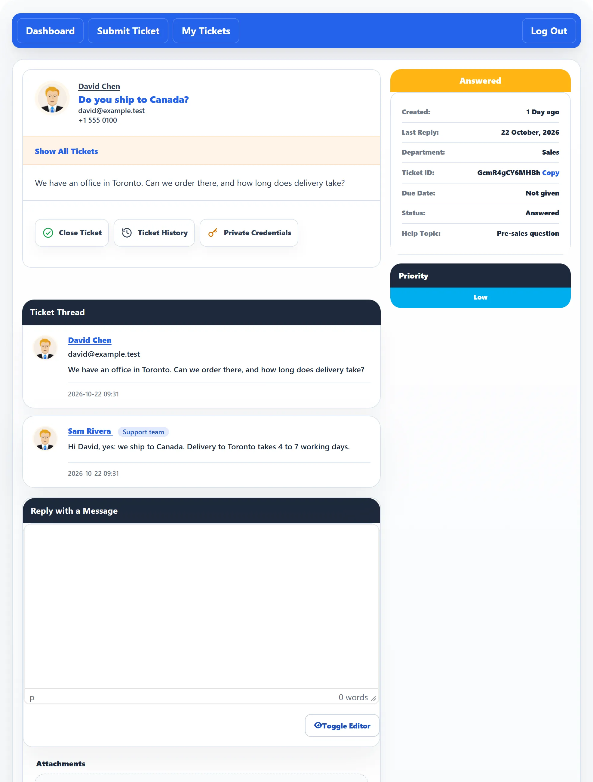 A customer’s ticket page: the Answered status and ticket details on the right, the customer’s question and the support team’s answer in the Ticket Thread, and the Reply with a Message box below.