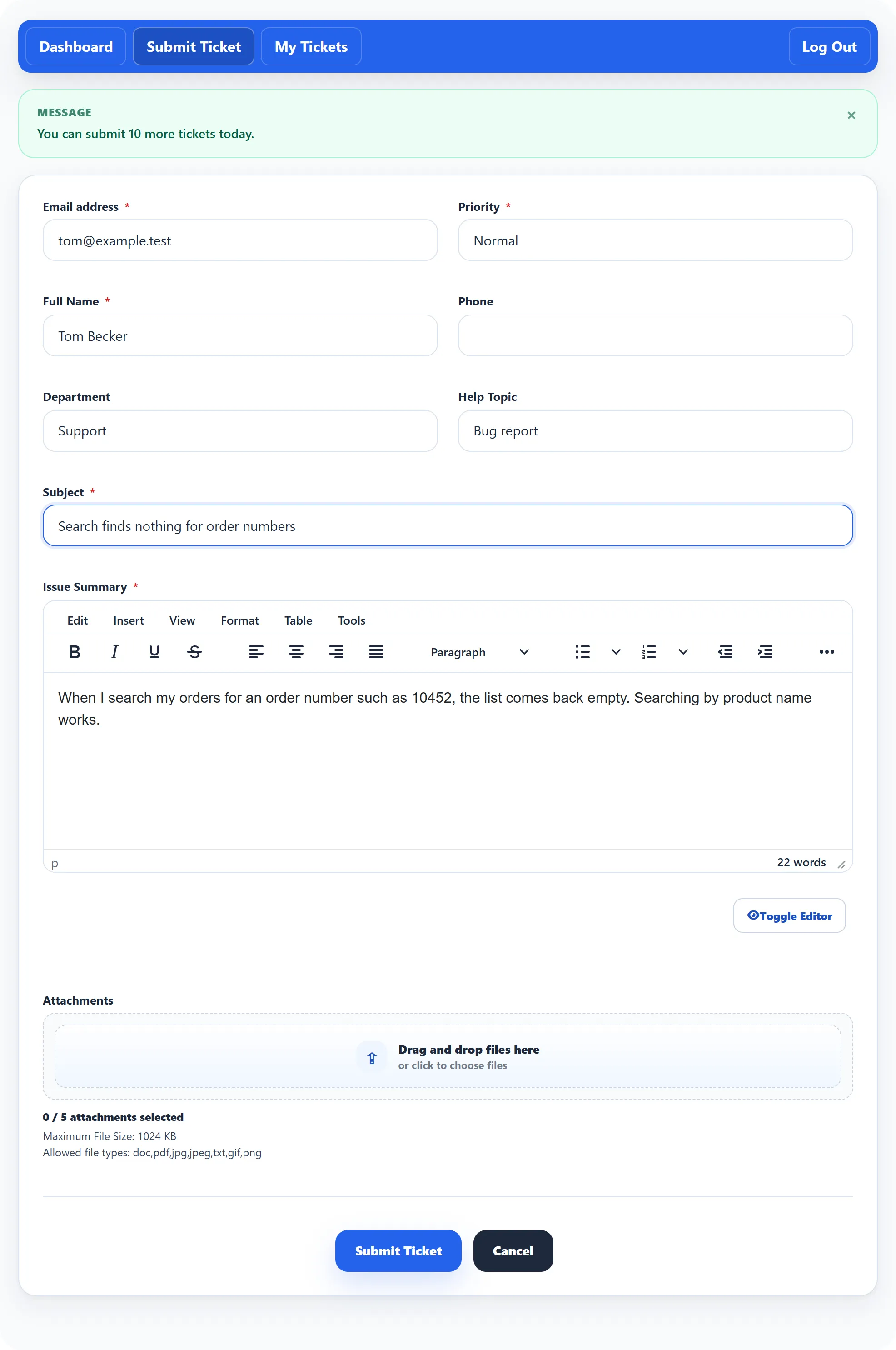 The Submit Ticket form filled in by Tom Becker: the Support department, the Bug report help topic, a subject and a message.
