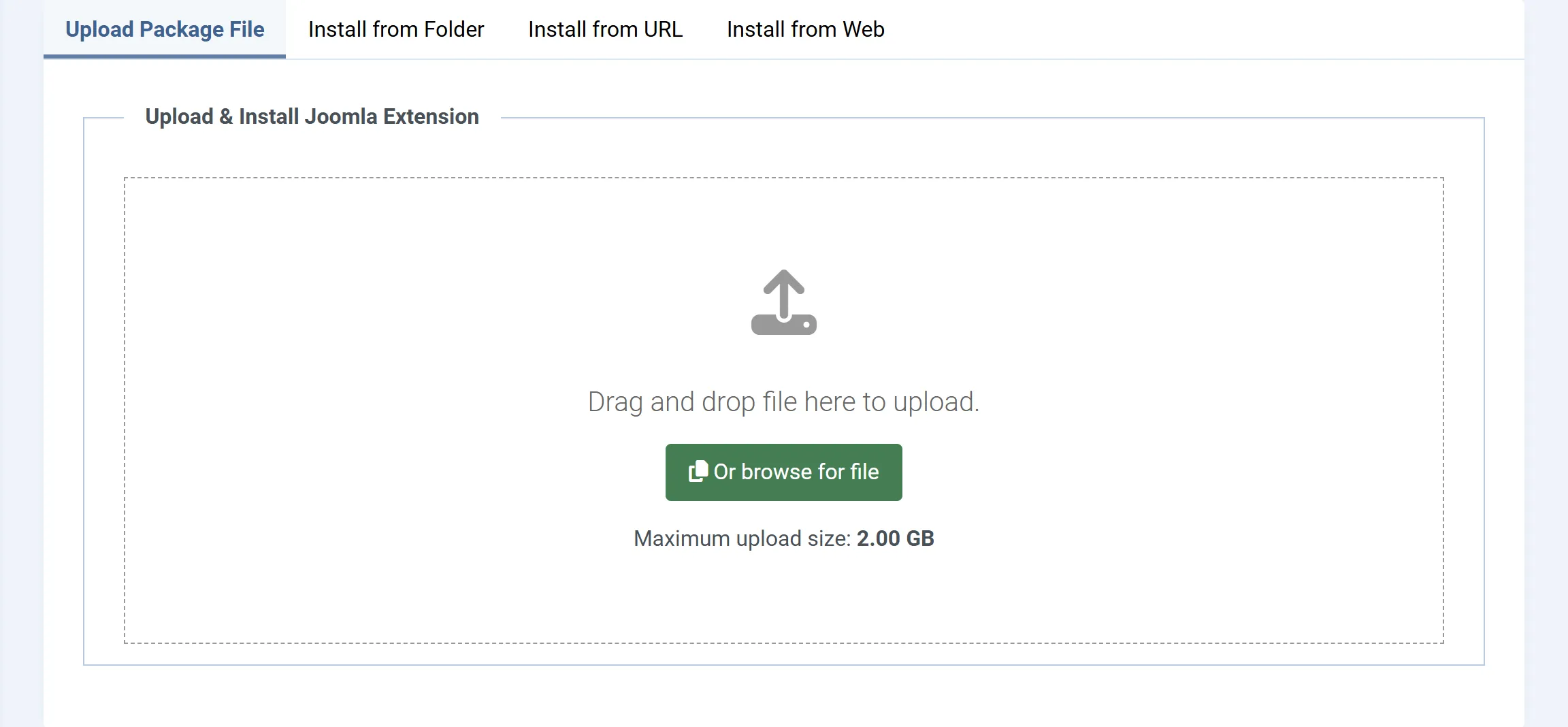Joomla’s Extensions: Install screen on the Upload Package File tab, with the drop area for the package.
