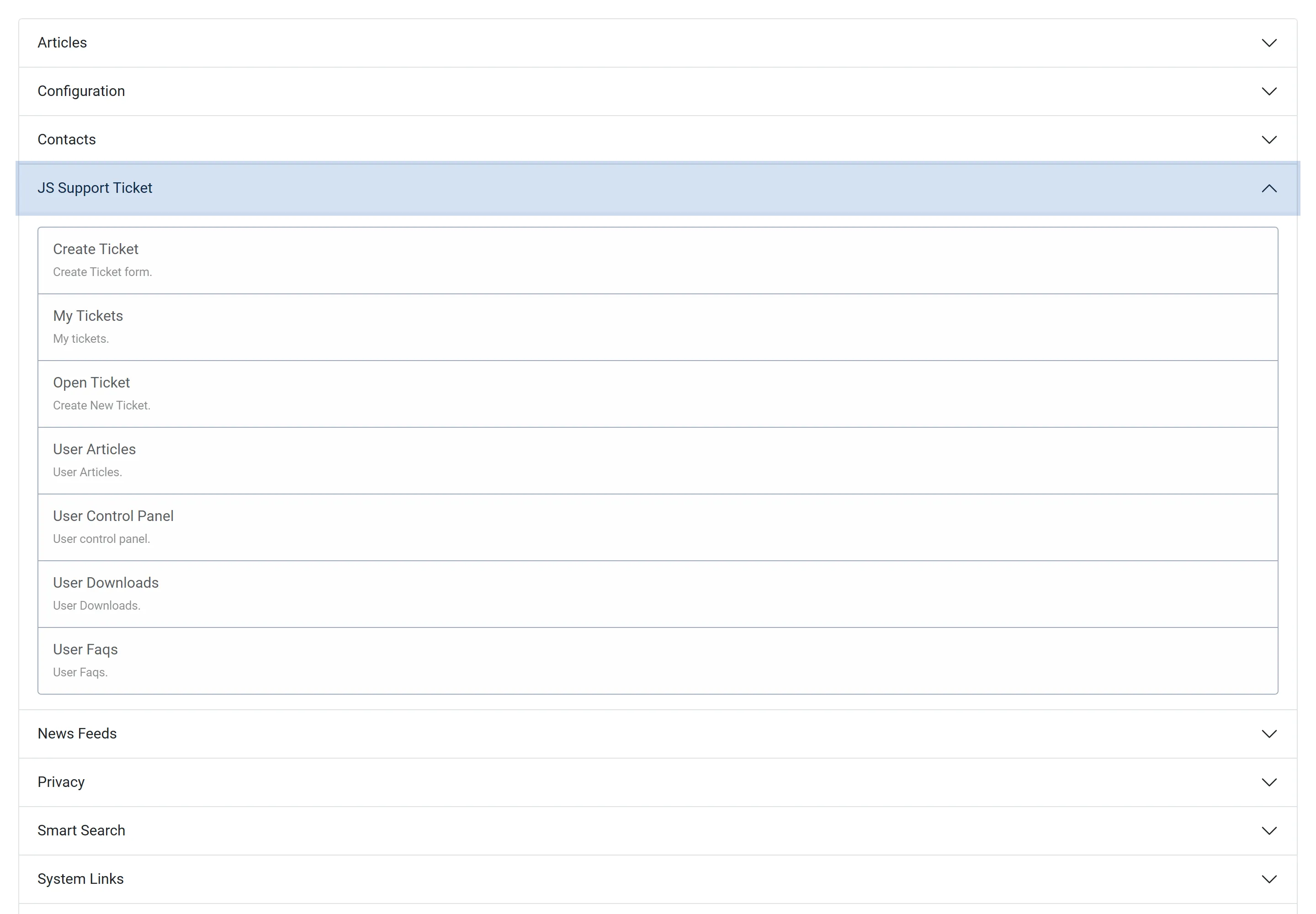 Joomla’s Menu Item Type list with JS Support Ticket opened, showing the help desk’s page types.