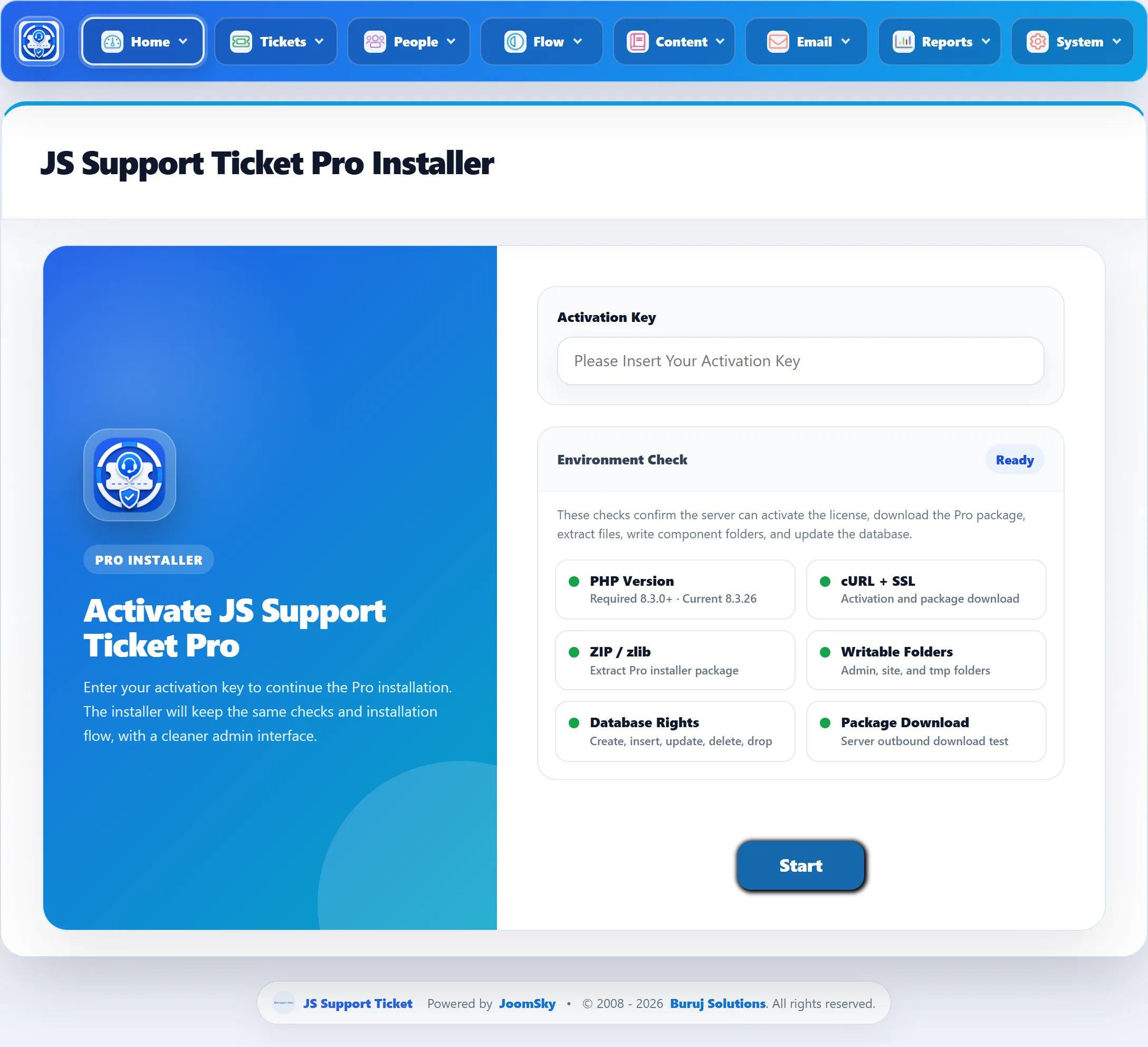 The Pro Installer: the Activation Key box, and the Environment Check showing Ready with six passed checks (PHP Version, cURL + SSL, ZIP / zlib, Writable Folders, Database Rights, Package Download) above the Start button.