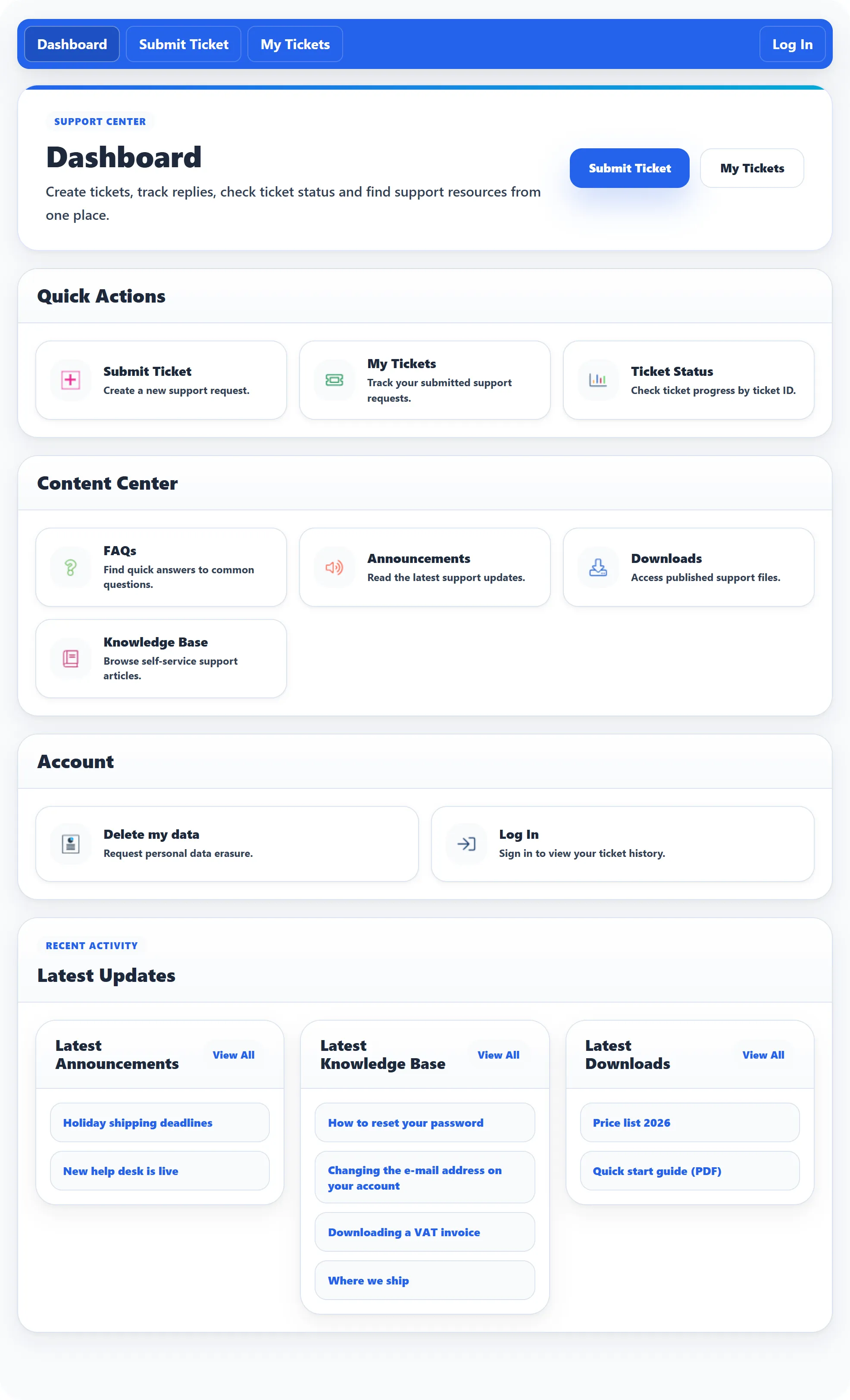 The help desk dashboard as a visitor sees it: Quick Actions, Content Center, Account with Log In, and Latest Updates.