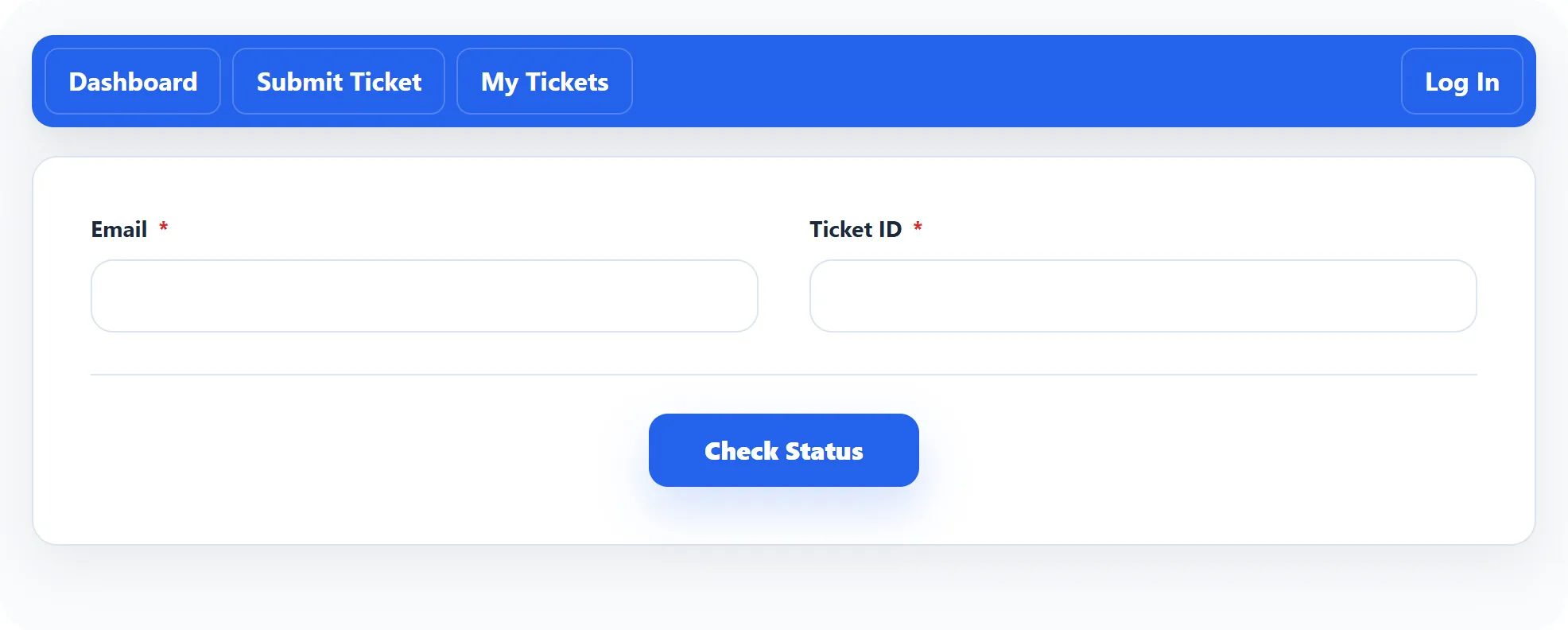 The Ticket Status form with Email and Ticket ID boxes and a Check Status button.