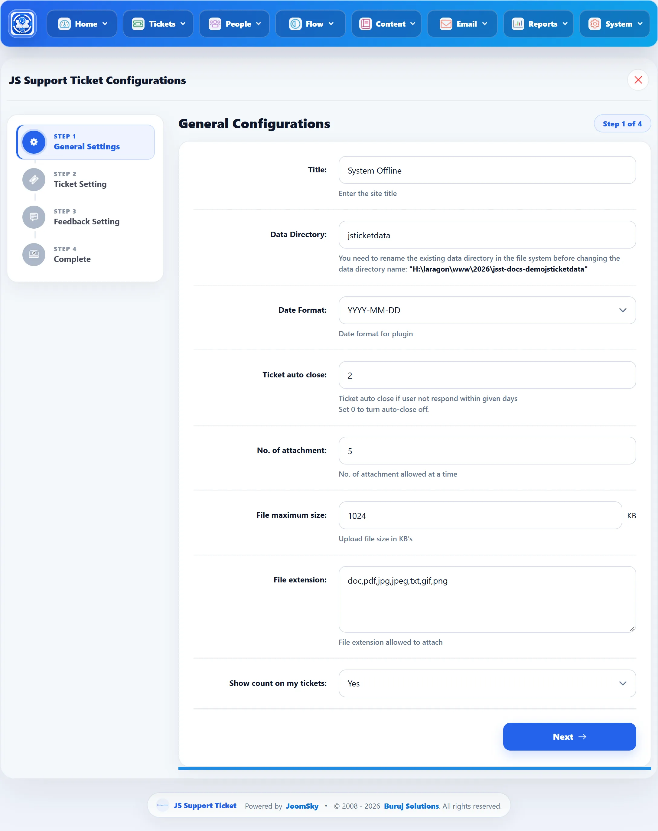 Step 1 of the setup wizard, General Configurations: Title, Data Directory, Date Format, Ticket auto close, No. of attachment, File maximum size, File extension and Show count on my tickets.