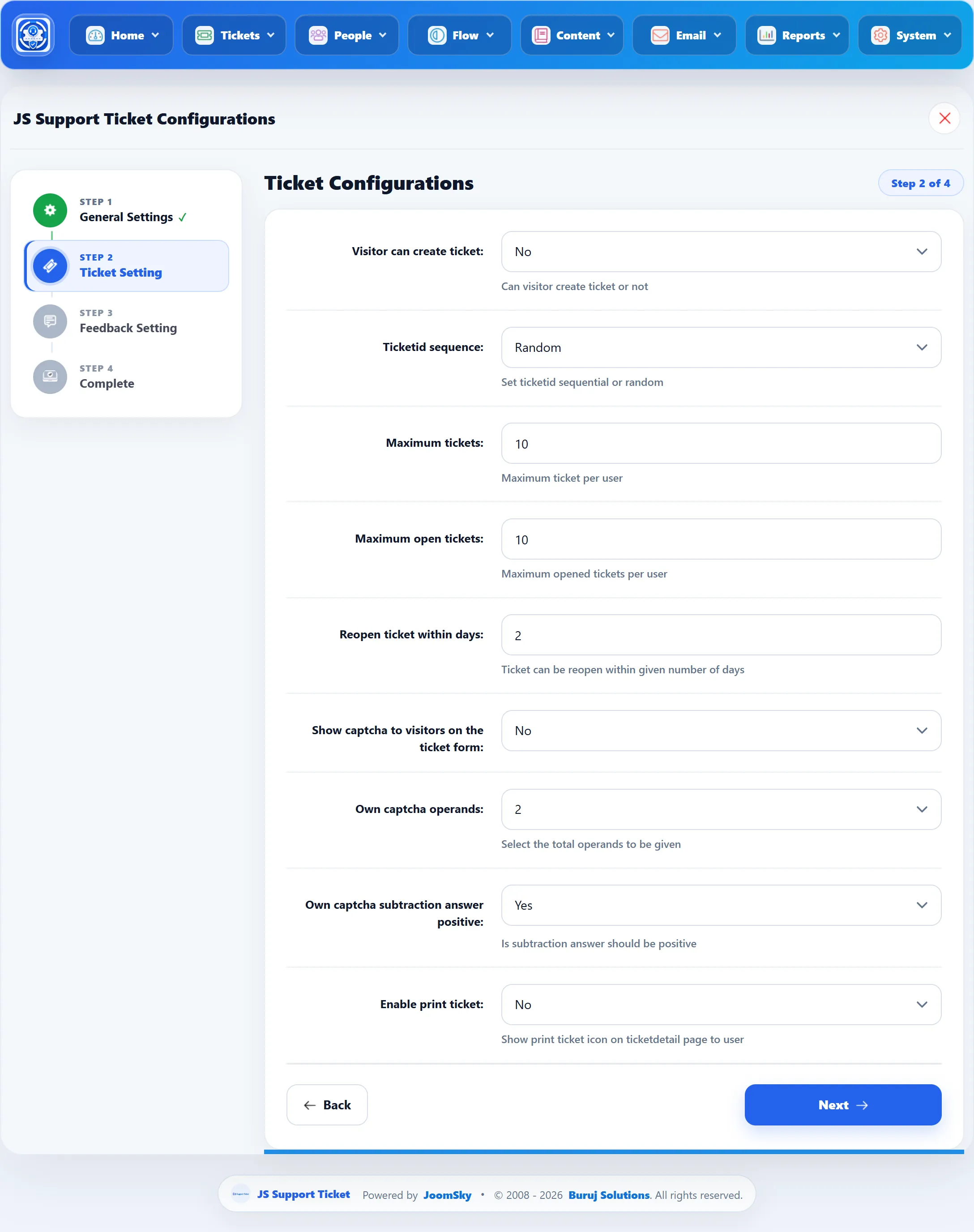 Step 2 of the setup wizard, Ticket Configurations: Visitor can create ticket, Ticketid sequence, Maximum tickets, Maximum open tickets, Reopen ticket within days, the CAPTCHA fields and Enable print ticket.