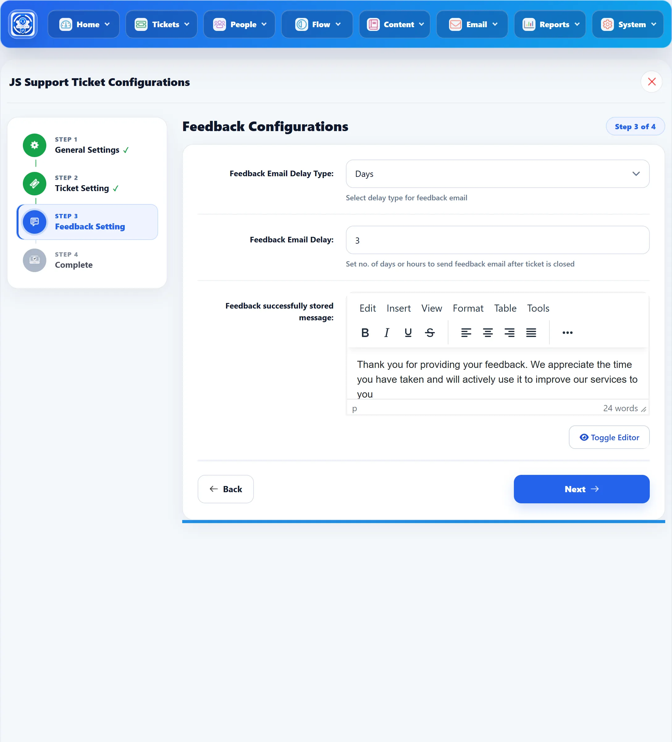 Step 3 of the setup wizard, Feedback Configurations: Feedback Email Delay Type, Feedback Email Delay and the Feedback successfully stored message editor.
