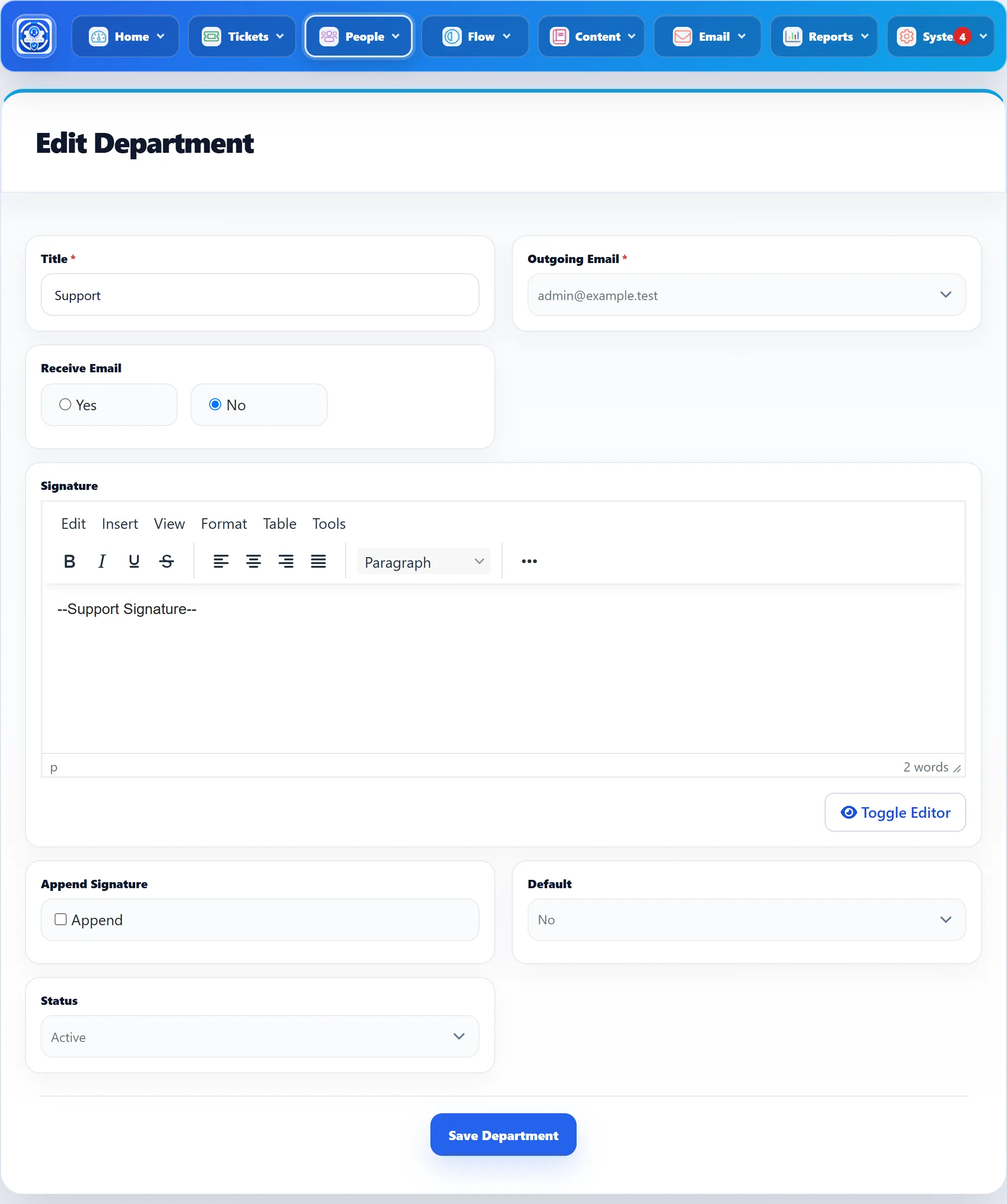Editing the Support department: Title, Outgoing Email, Receive Email Yes/No, the Signature editor, the Append box, Default and Status.