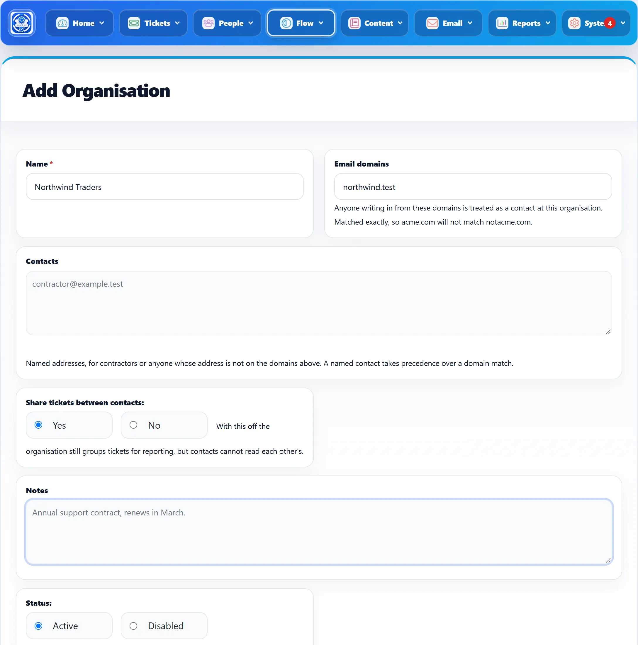 The Add Organisation form filled in for Northwind Traders: the domain northwind.test, one named contact, Share tickets between contacts set to Yes, a note, and Status Active.