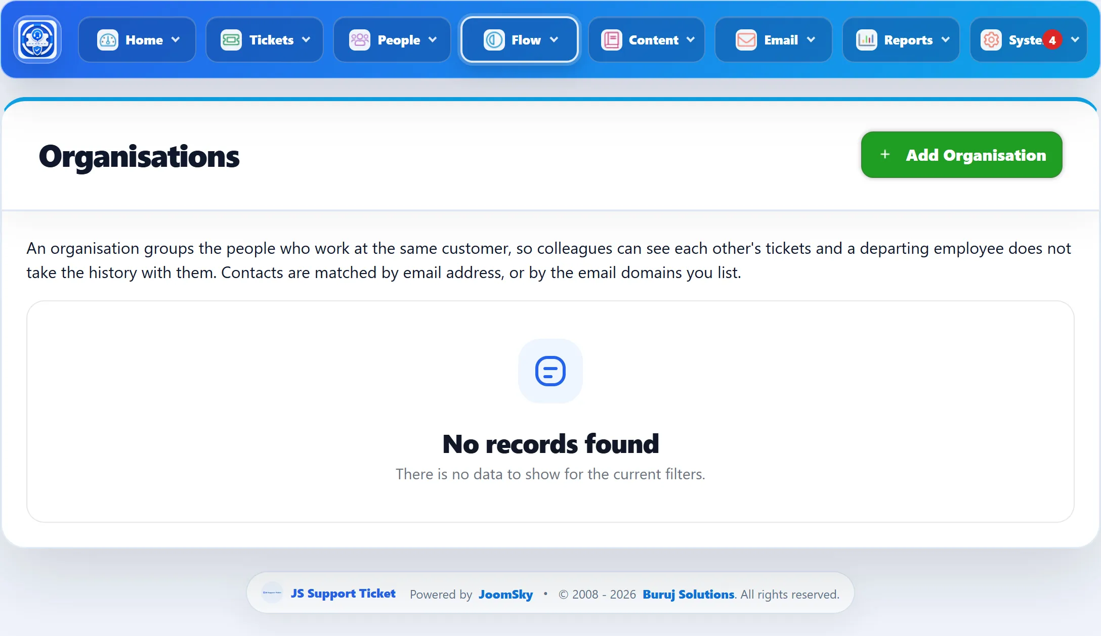 The Organisations list, empty, with the introduction text and an Add Organisation button.