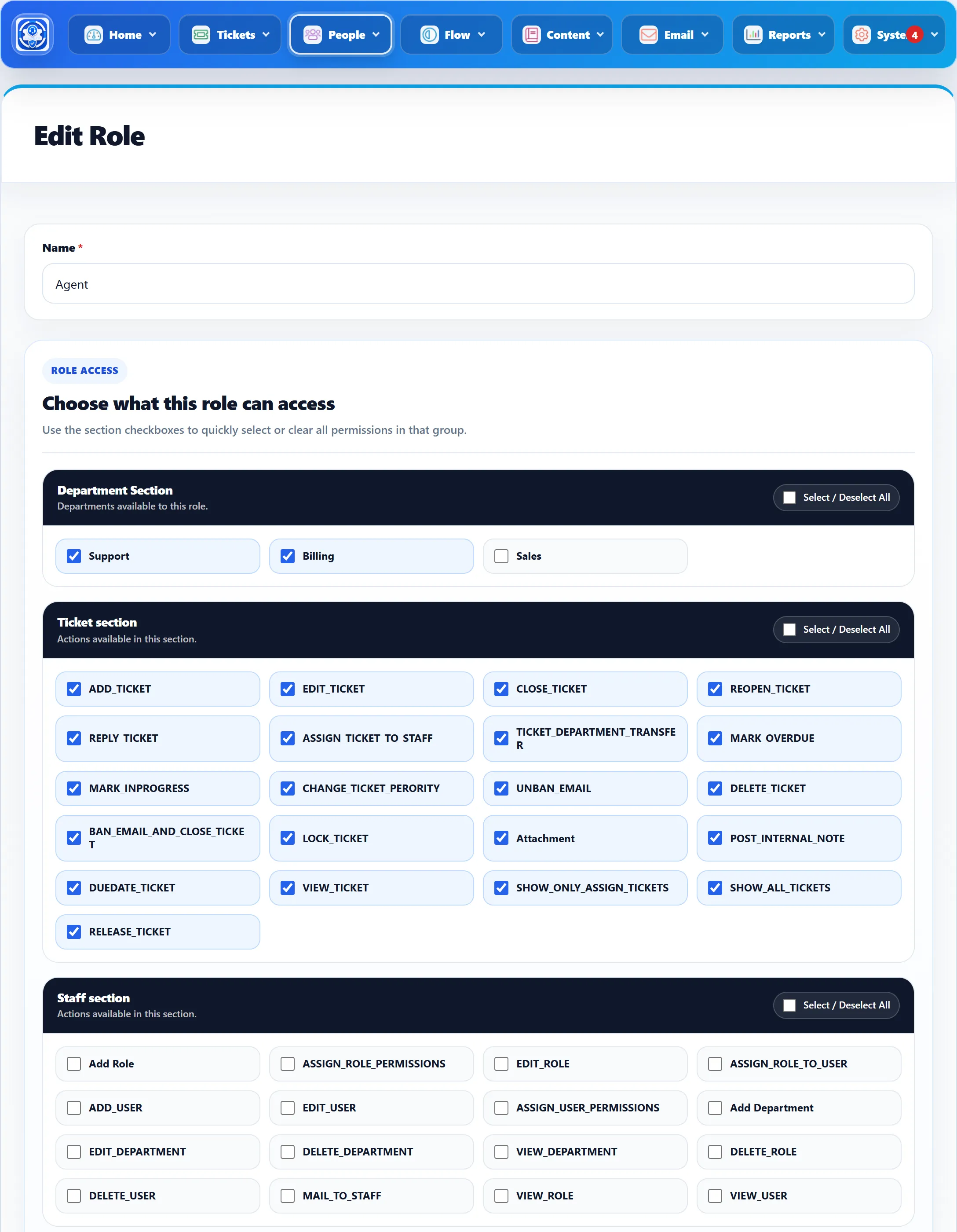 Editing the Agent role: Name, then Role Access with the Department Section (Support and Billing ticked) and the Ticket section with every permission ticked.