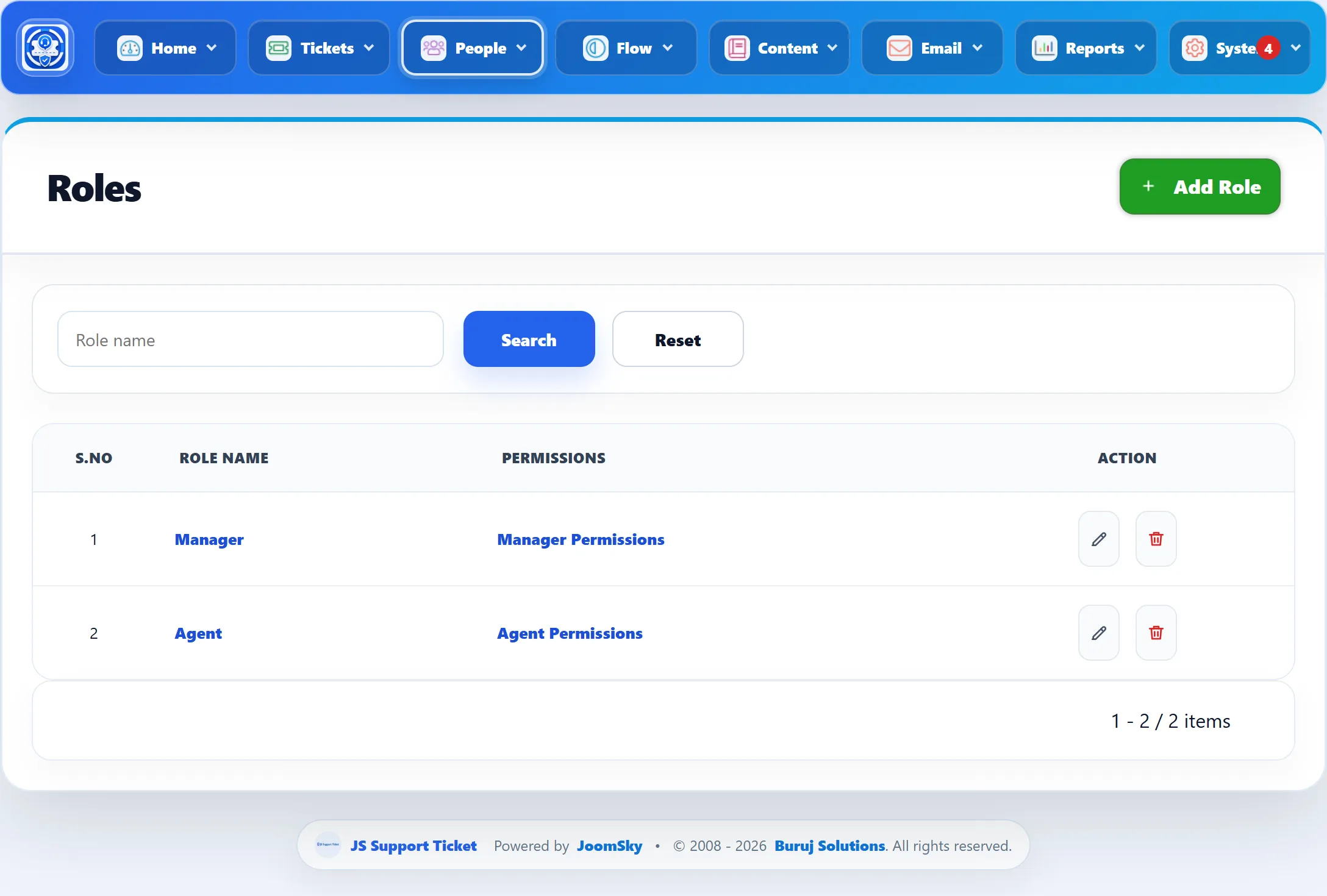 The Roles list with Manager and Agent, each with a “Permissions” link and edit and delete buttons.