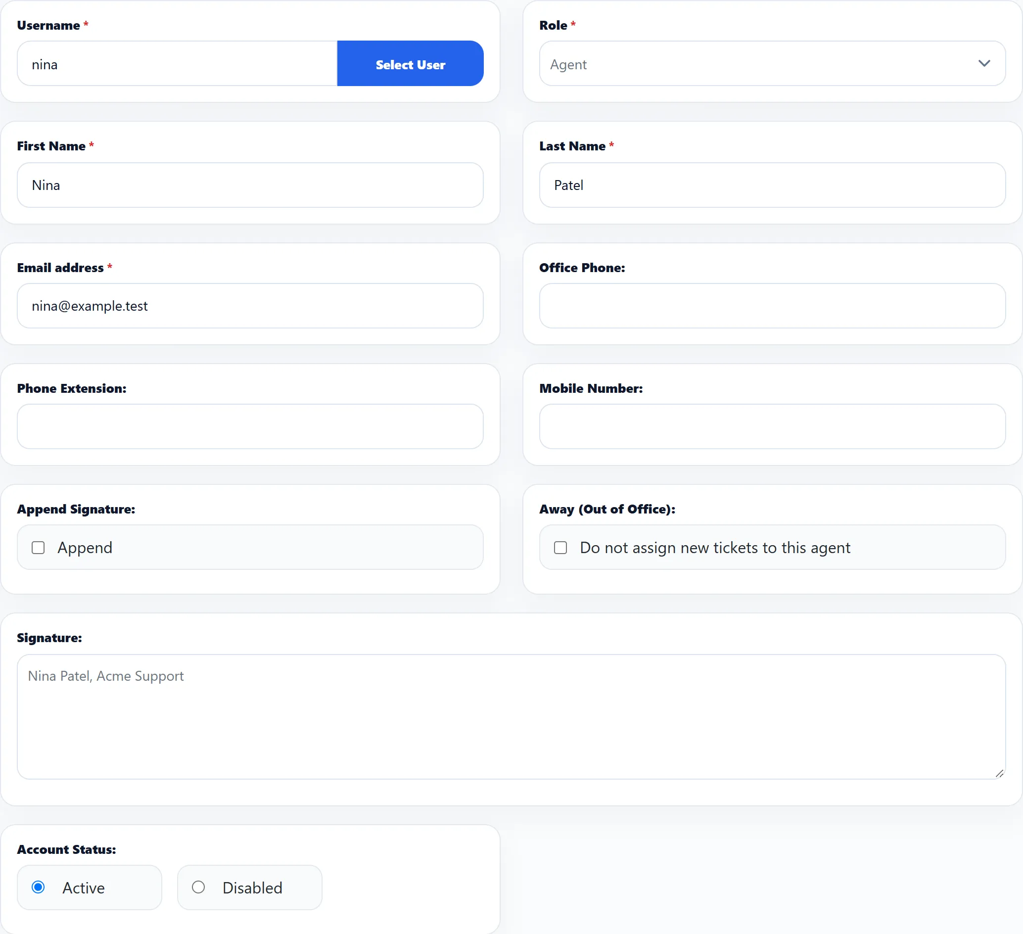 Editing Nina Patel: Username nina with a Select User button, Role Agent, first and last name, e-mail address, Office Phone, Phone Extension, Mobile Number, the Append and “Do not assign new tickets to this agent” boxes, a signature, and Account Status set to Active.