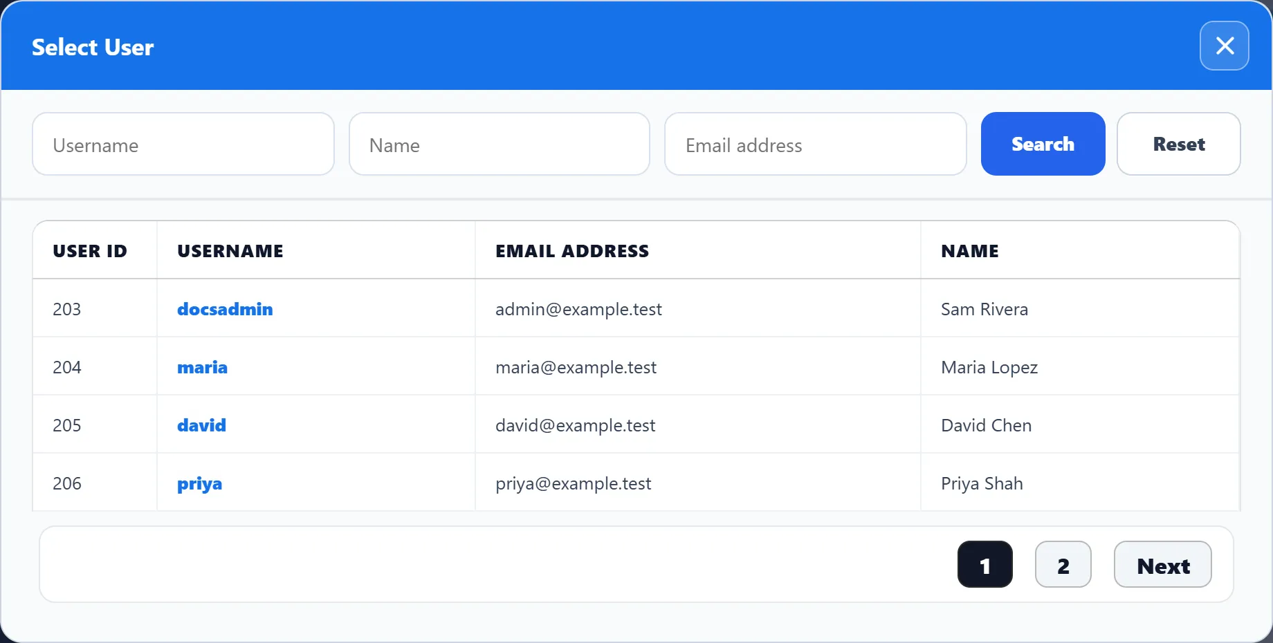 The Select User window: Username, Name and Email address boxes with Search and Reset buttons, above a list of Joomla users.