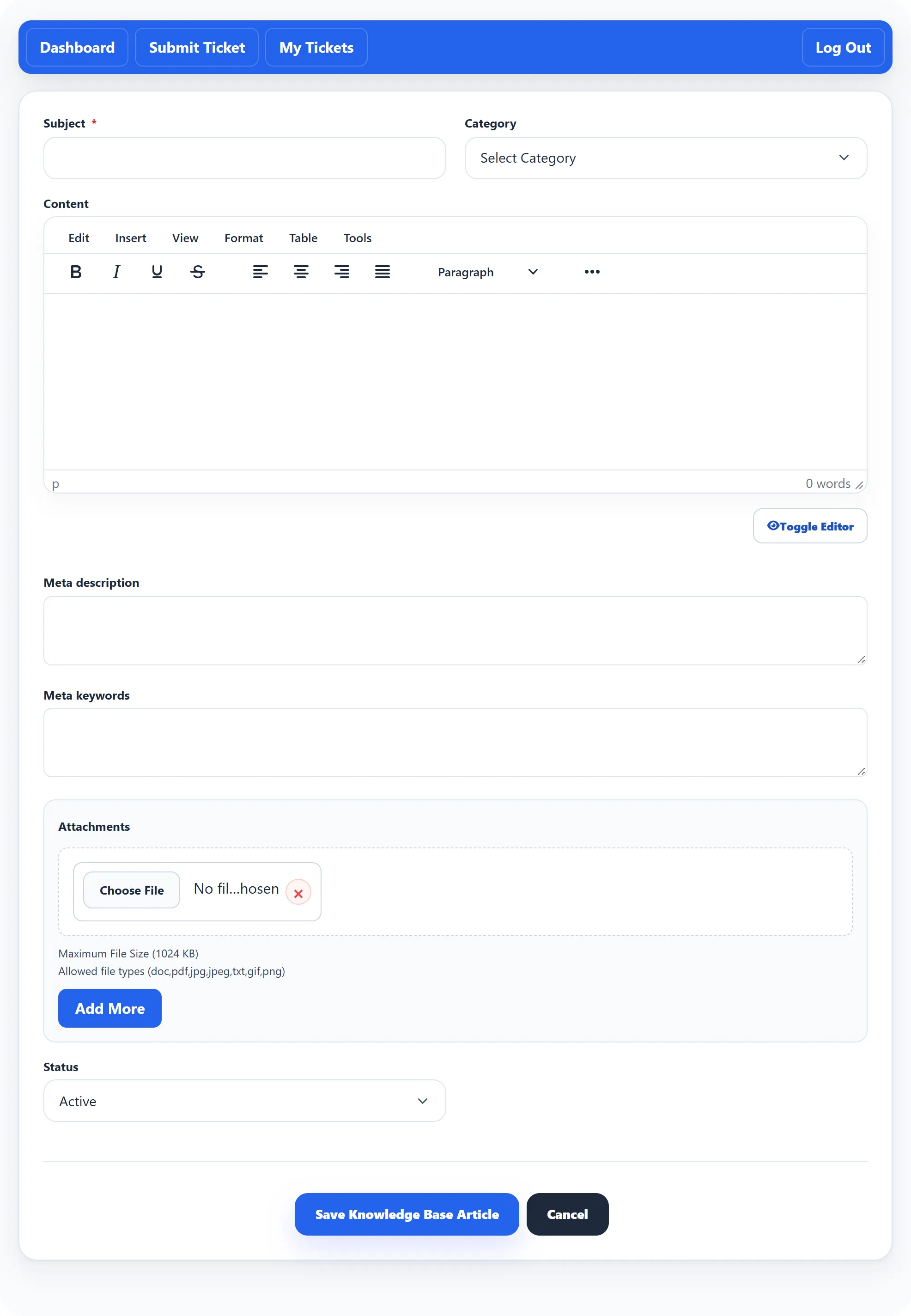 The Add Knowledge Base Article form: Category, Subject, the Content editor, Attachments, Meta description, Meta keywords and Status.