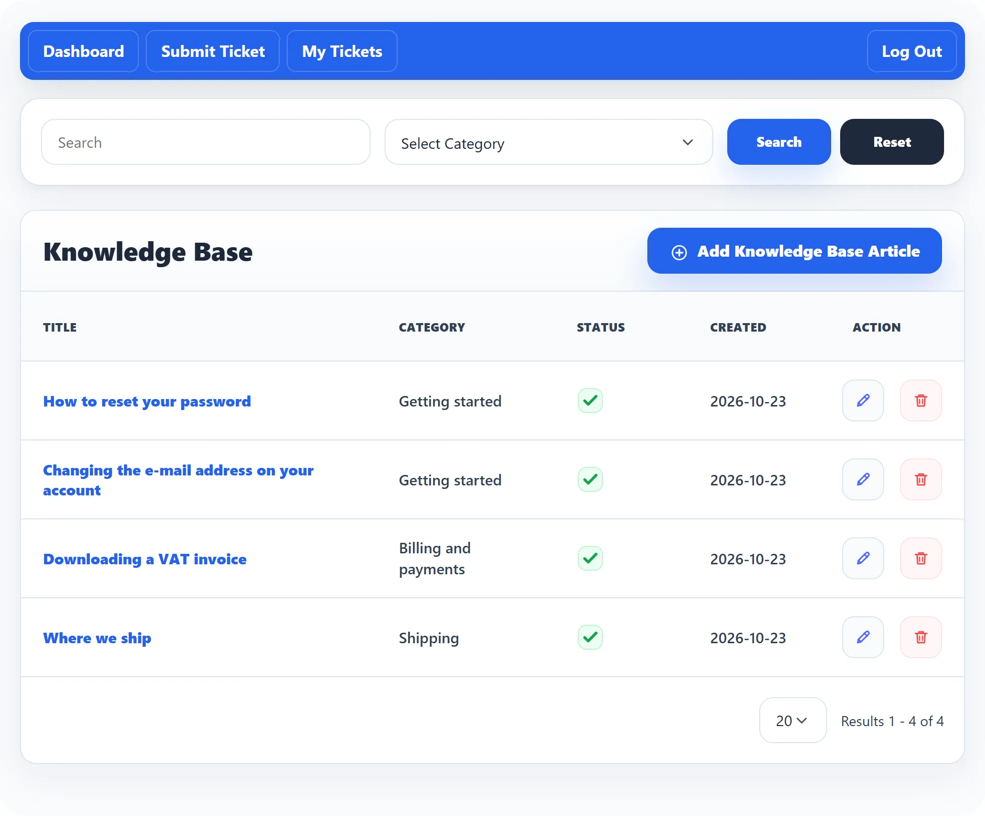 The staff Knowledge Base list: search boxes, Add Knowledge Base Article, and the four articles with their category, created date and status.