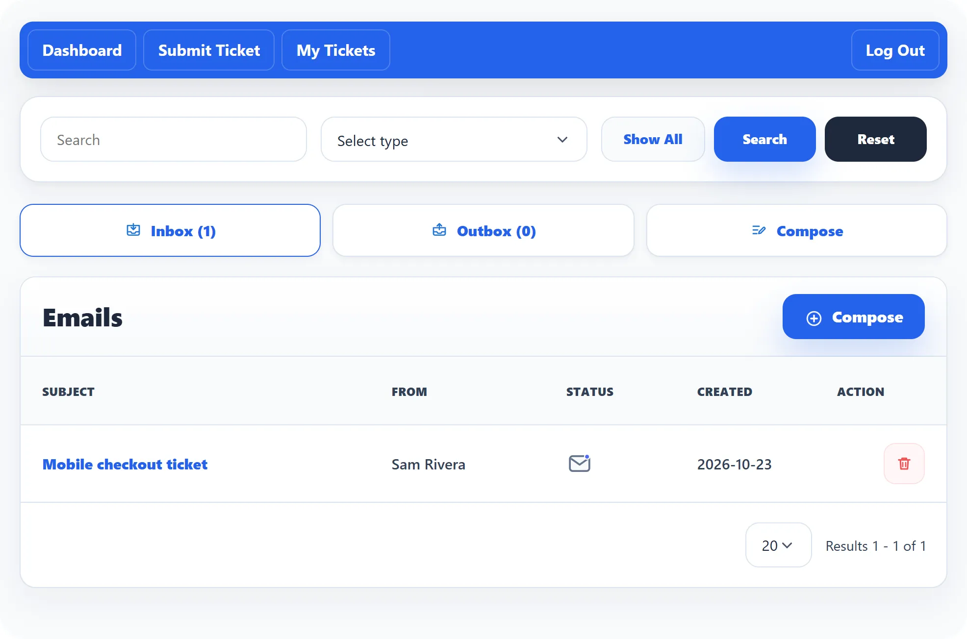 The Mail Inbox: the Inbox, Outbox and Compose links, the Subject, Select type and date filters, and the list of received messages with their sender, subject, date and status.