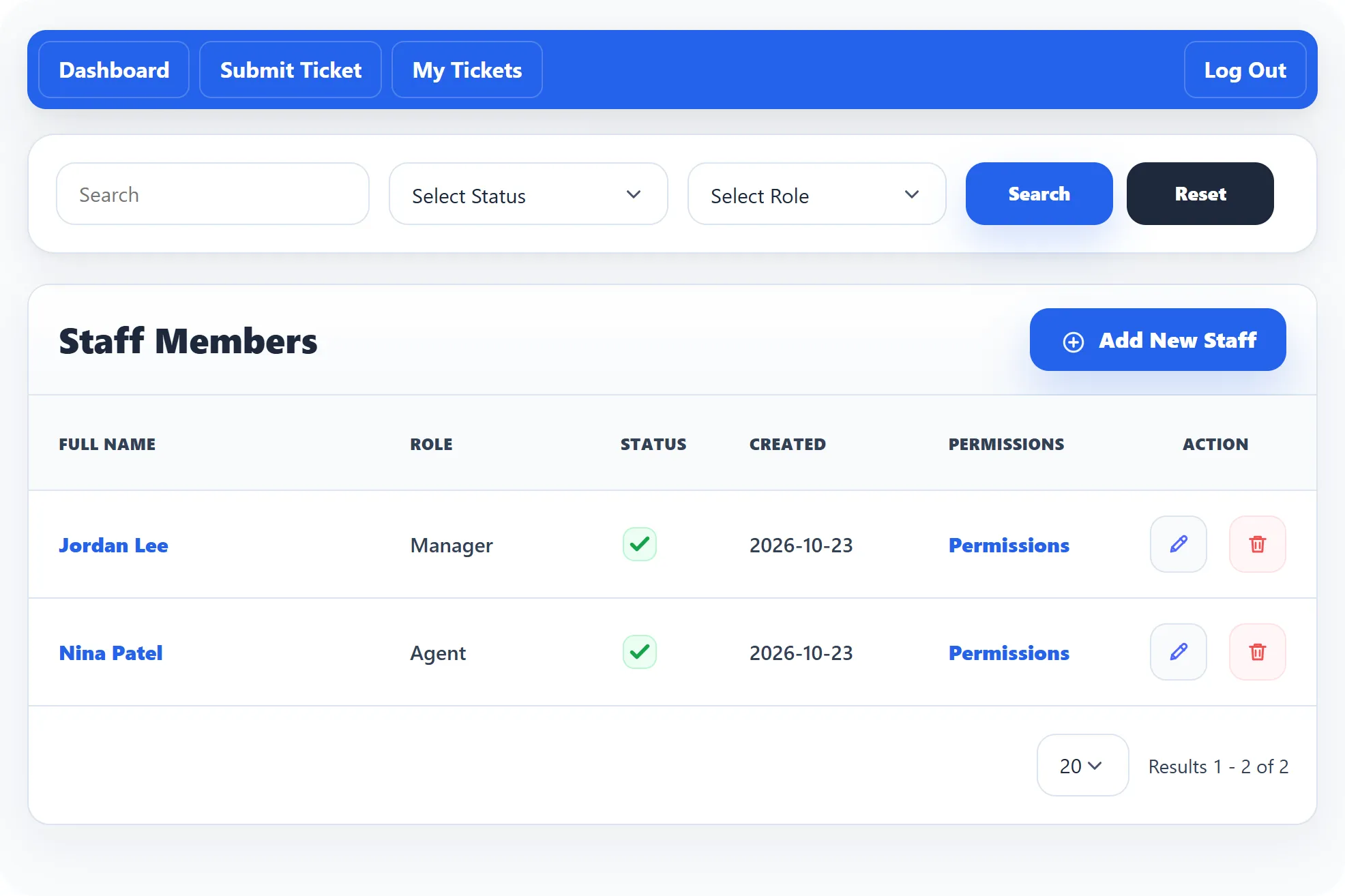The front-end Staff Members list with Jordan Lee (Manager) and Nina Patel (Agent), their status, the Permissions link, and Add New.