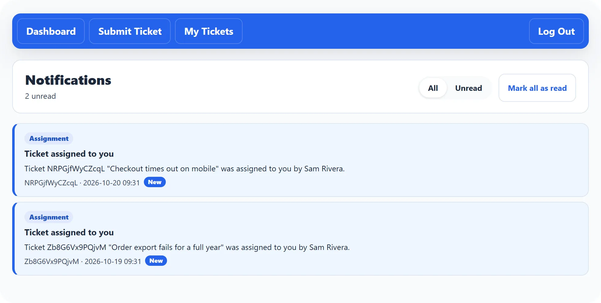 Jordan Lee’s Notifications page: 2 unread, the All and Unread tabs, Mark all as read, and two Assignment notifications, Ticket assigned to you, for the tickets Checkout times out on mobile and Order export fails for a full year, each marked New.