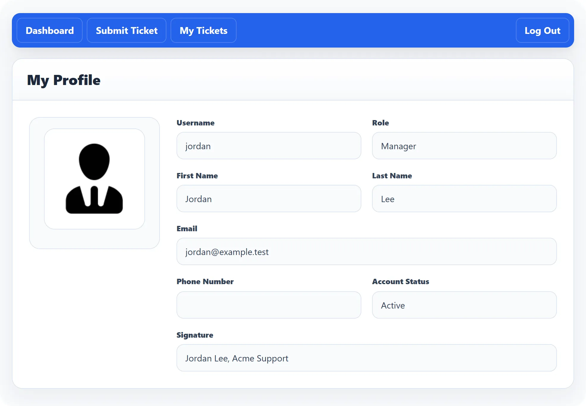 Jordan Lee’s My Profile page: the default profile picture, and the fields Username jordan, Role Manager, First Name Jordan, Last Name Lee, Email jordan@example.test, Phone Number, Account Status Active and Signature “Jordan Lee, Acme Support”.