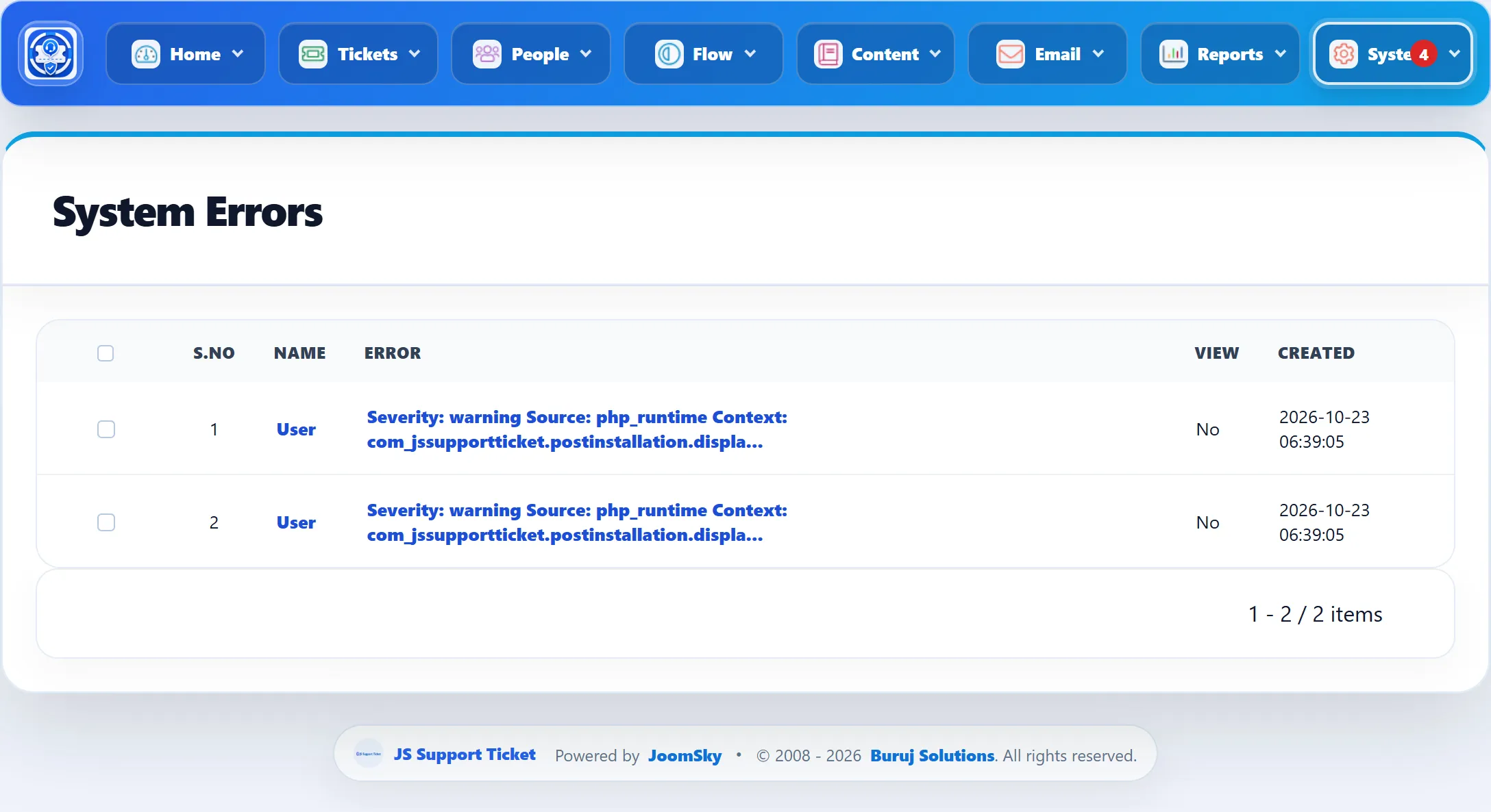 The System Errors list: checkboxes, S.No, Name, a shortened Error with unread ones in bold, View Yes or No, and Created.