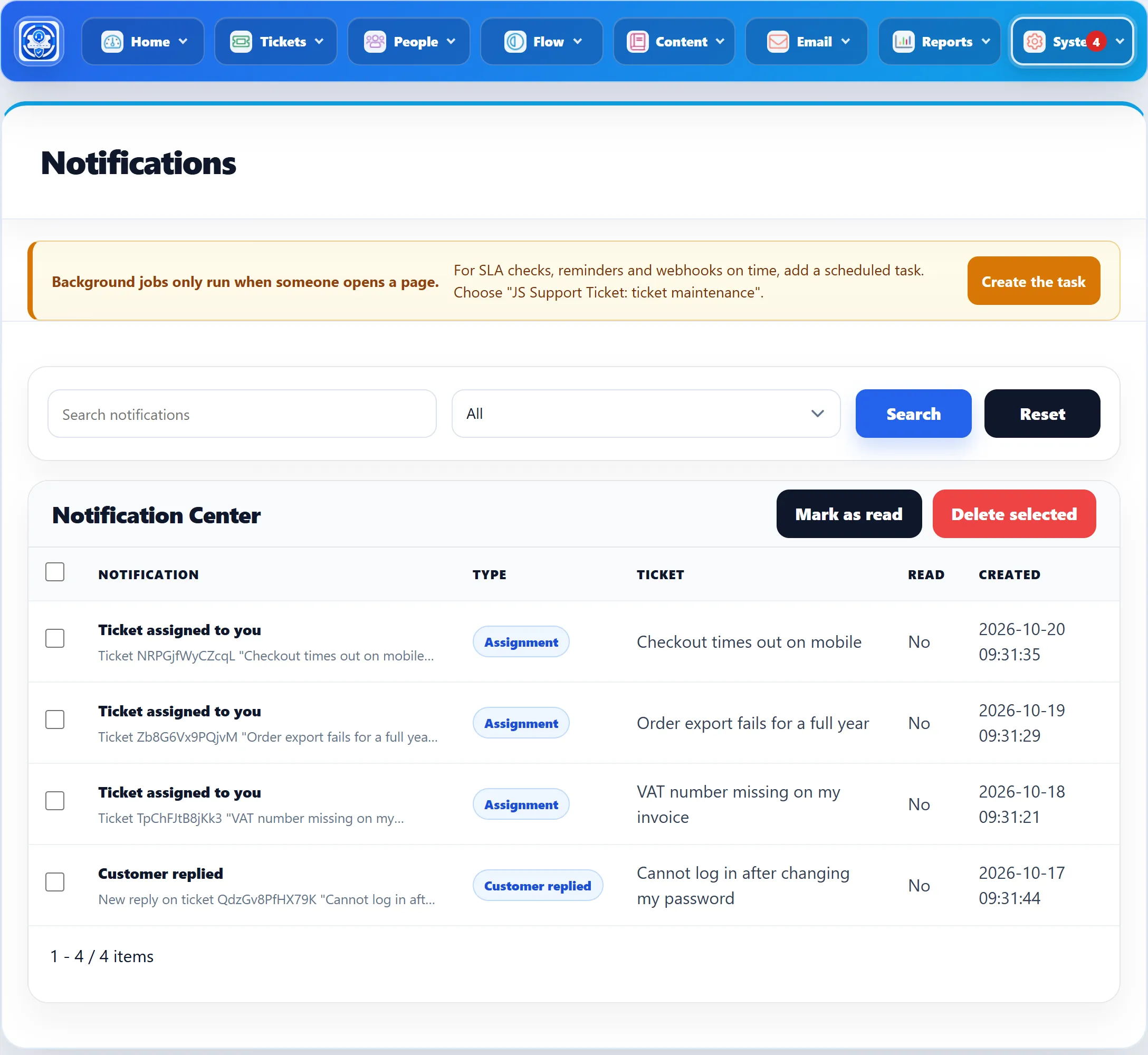 The Notification Center: the Search notifications box with All, Unread and Read, Mark as read and Delete selected, and rows with Notification, Type, Ticket, Read and Created.