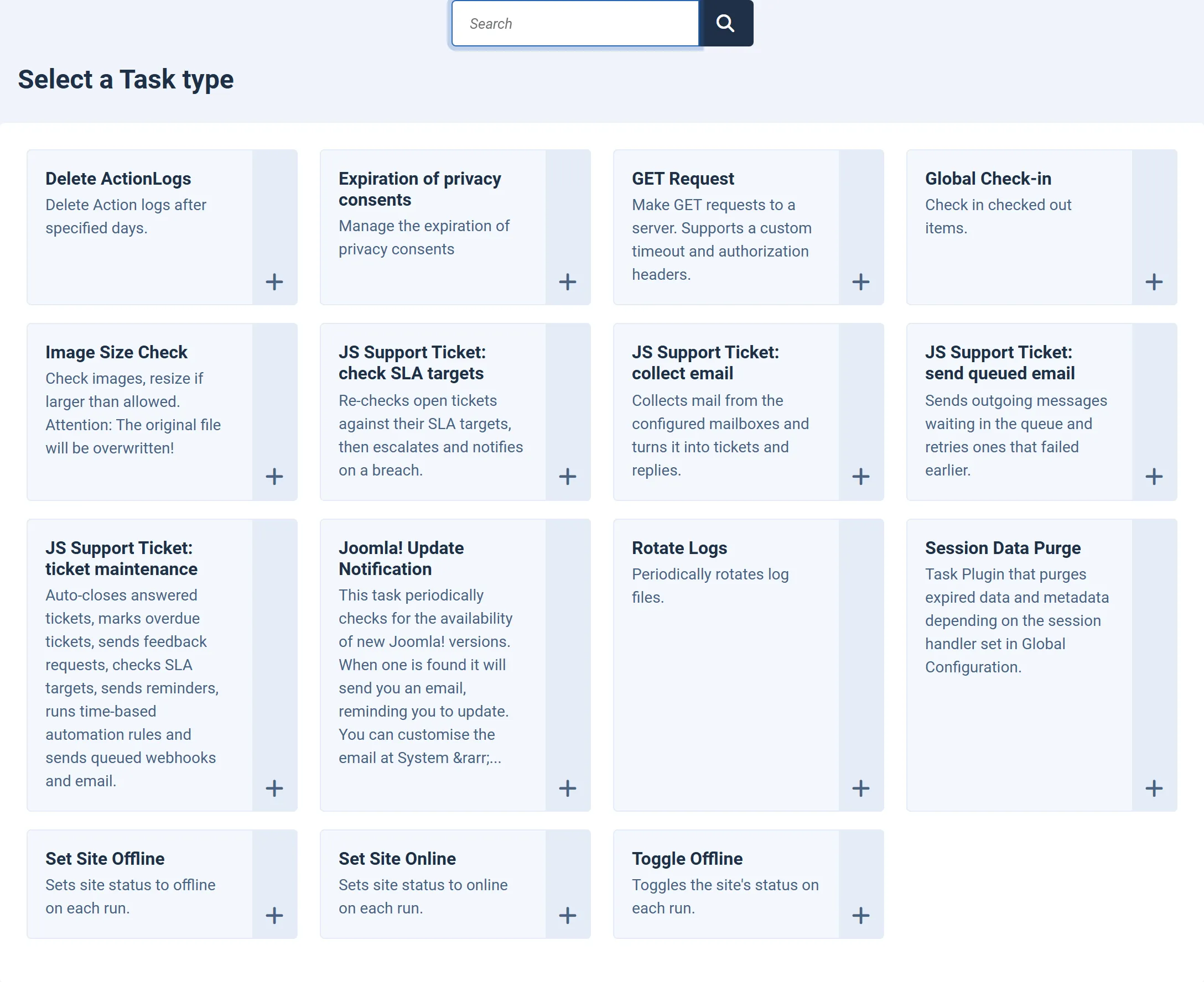 Joomla’s Select a Task Type screen with the four JS Support Ticket task types.