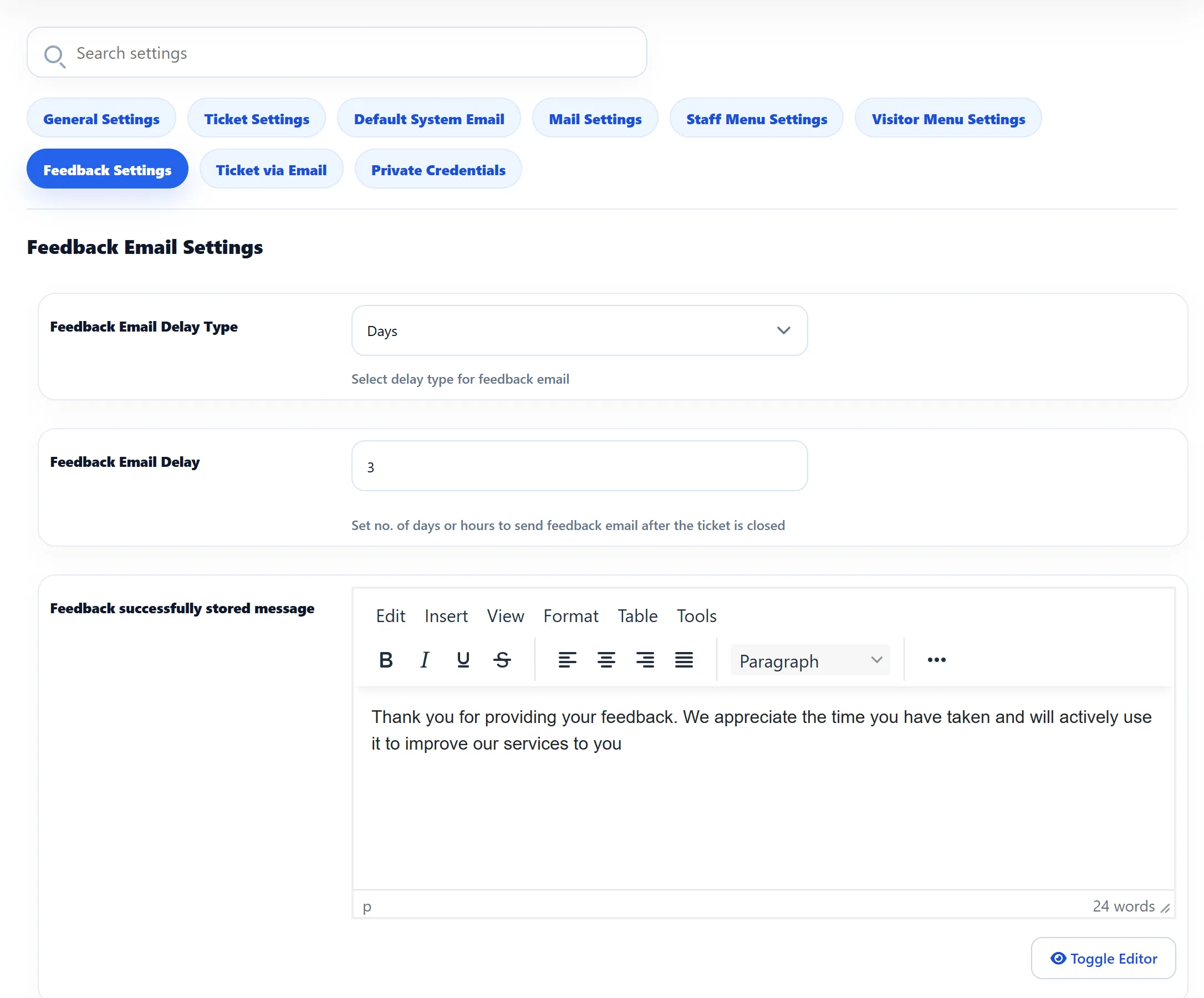 The Feedback Settings tab: Feedback Email Delay Type set to Days, Feedback Email Delay 3, and the Feedback successfully stored message in the editor.