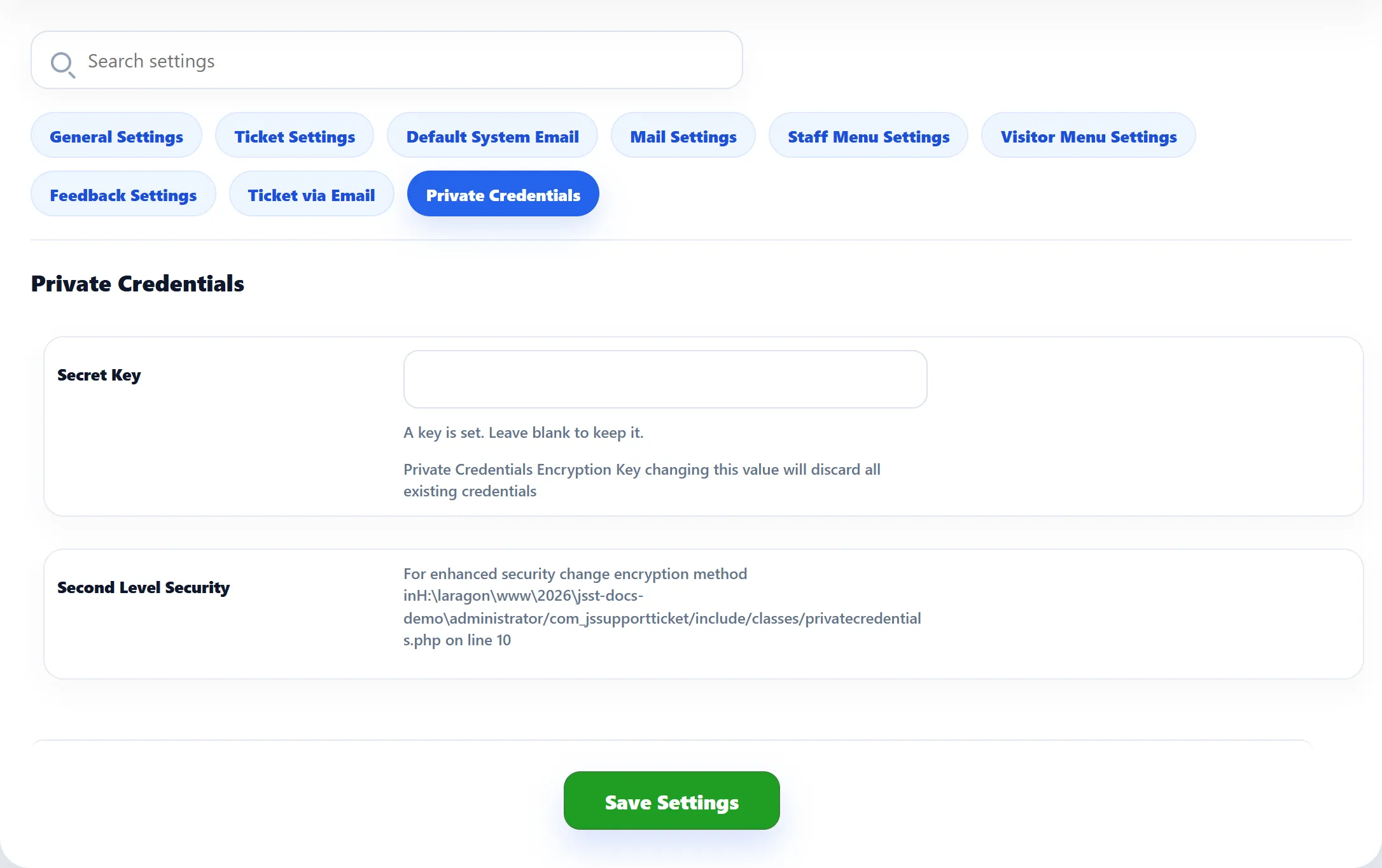 The Private Credentials tab: an empty Secret Key box with “A unique key was generated for this site. Leave blank to keep it.” and the Second Level Security note.