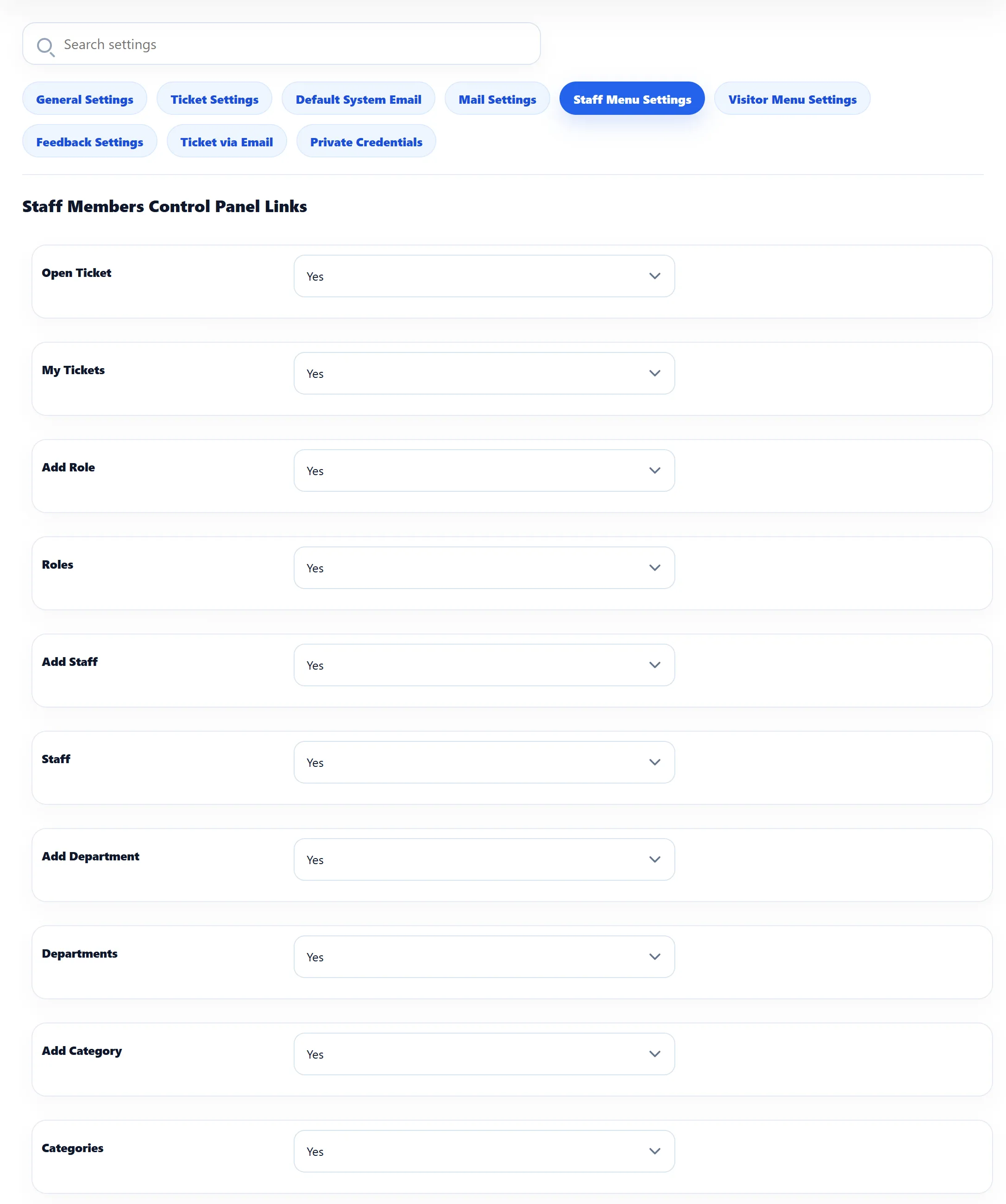 The Staff Menu Settings tab: the Staff Members Control Panel Links list from Open Ticket to Show Latest Tickets, each with a Yes/No list.