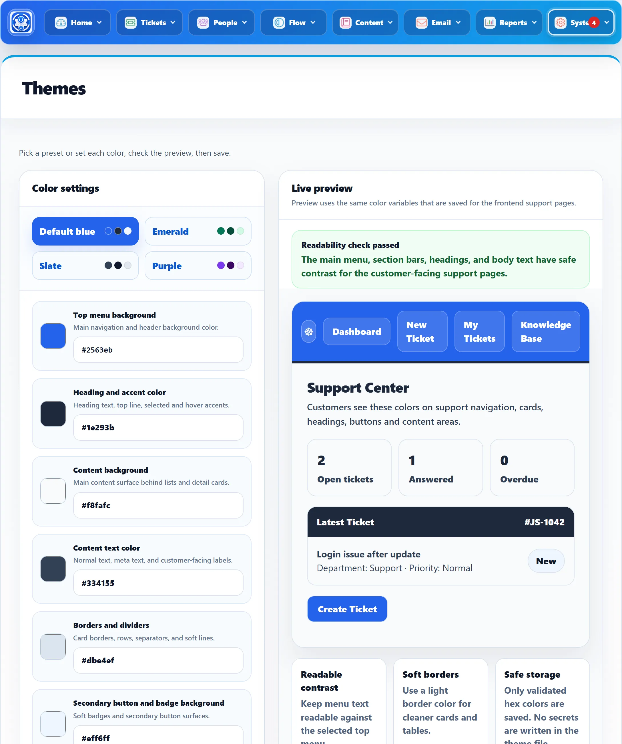 The Themes screen: Color settings with the Default blue, Emerald, Slate and Purple presets and seven colour fields on the left, and the Live preview with the readability check on the right.