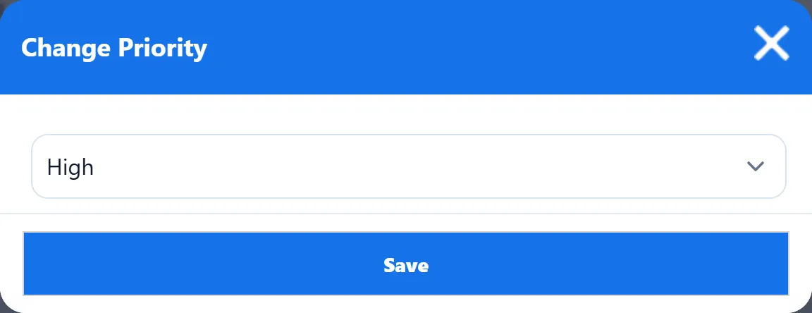 The Change Priority window with the priority list and a Save button.