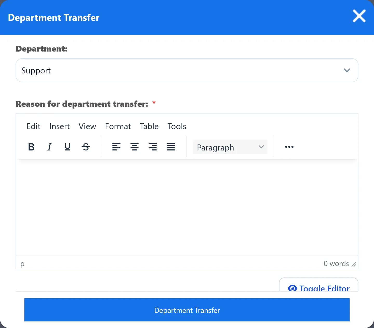 The Department Transfer window: the Department list, the Reason for department transfer editor and the Department Transfer button.
