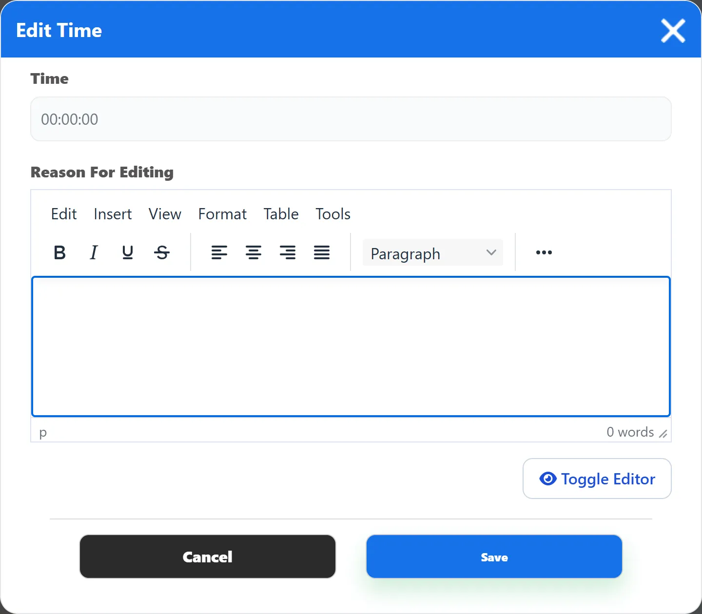 The Edit Time window for an internal note: the Time box, the Reason For Editing editor and the Save and Cancel buttons.