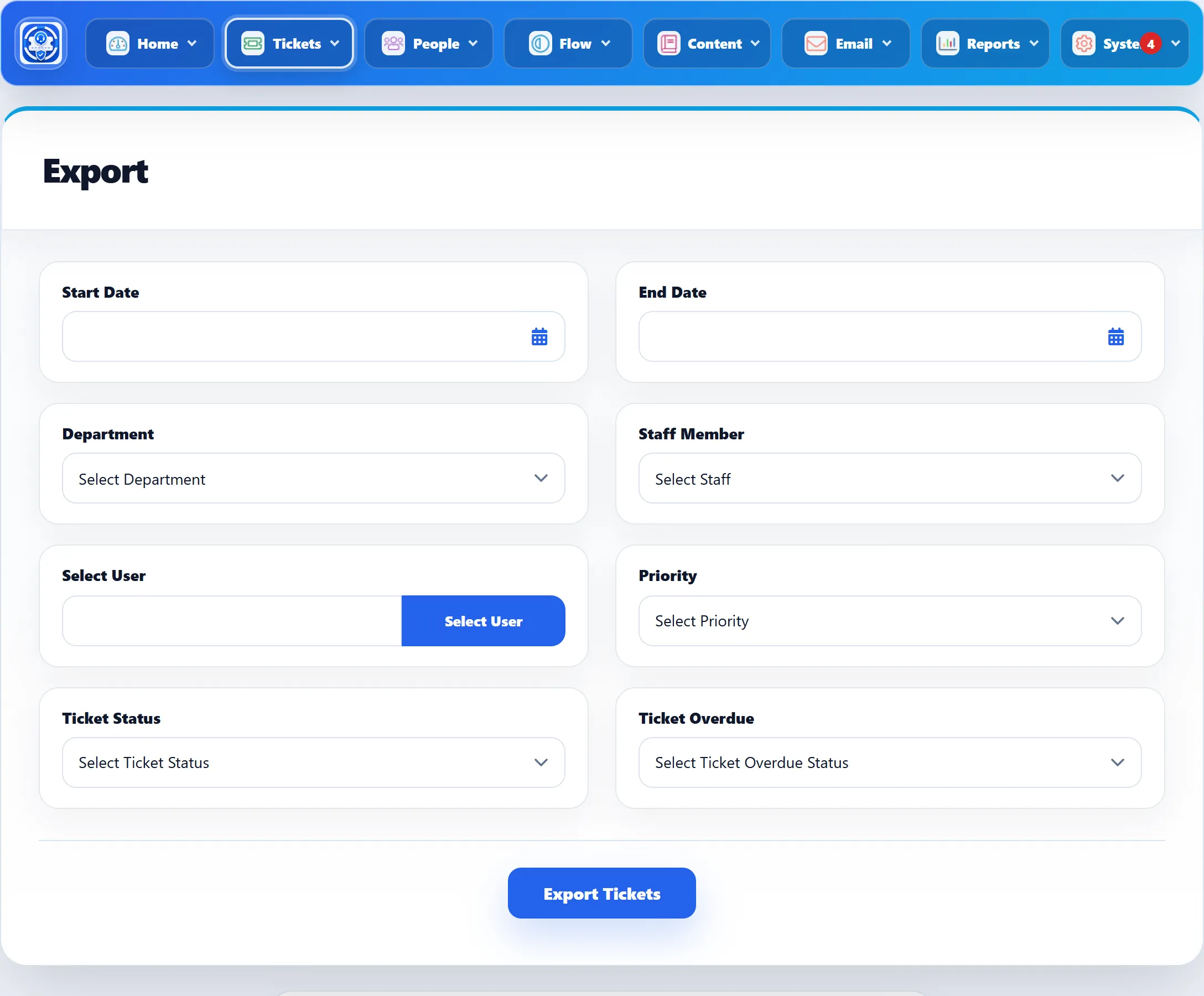 The Export screen: Start Date, End Date, Department, Staff Member, Select User, Priority, Ticket Status and Ticket Overdue, with the Export Tickets button.
