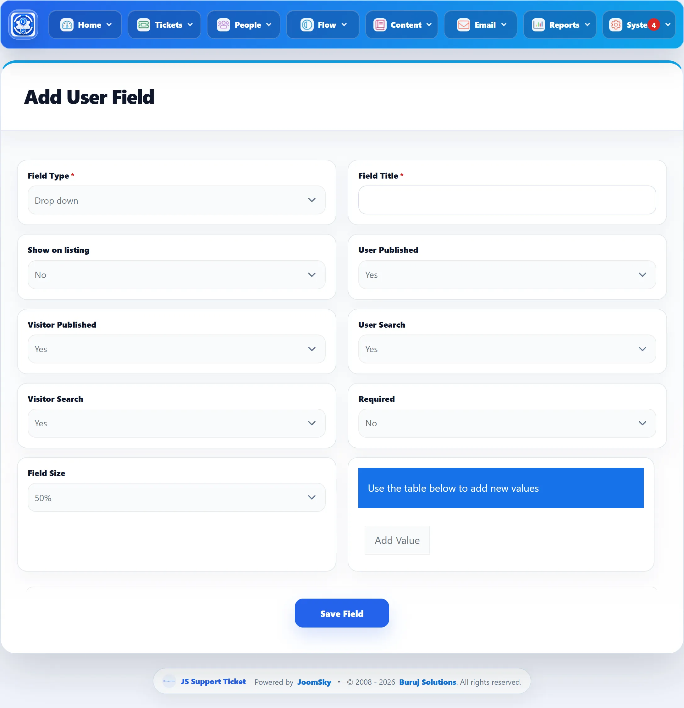 The Add User Field form with Field Type set to Drop down, showing the table for its values with the Add Value button.