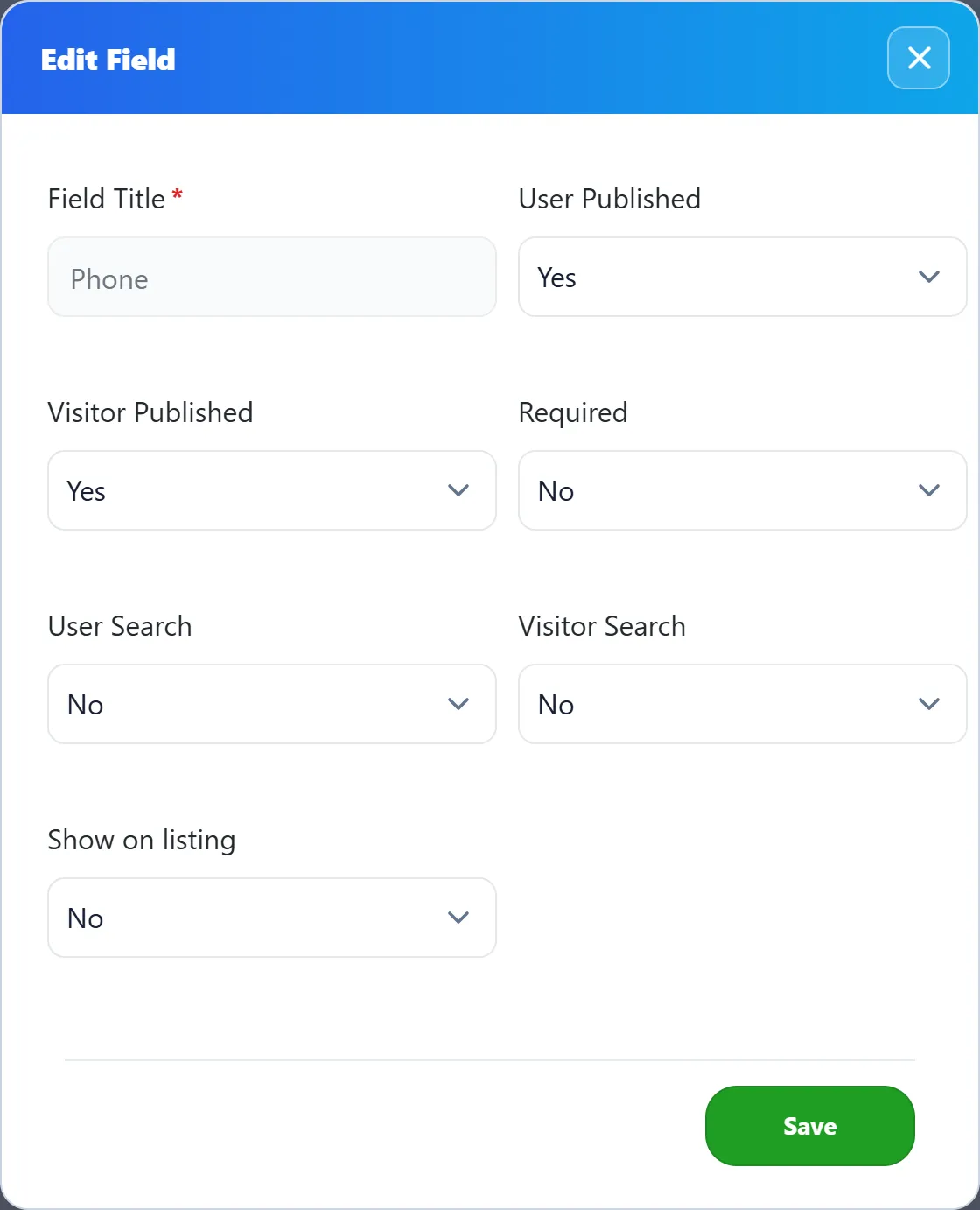 The Edit Field window for Phone: Field Title, User Published, Visitor Published, Required, User Search, Visitor Search and Show on listing, with Save.