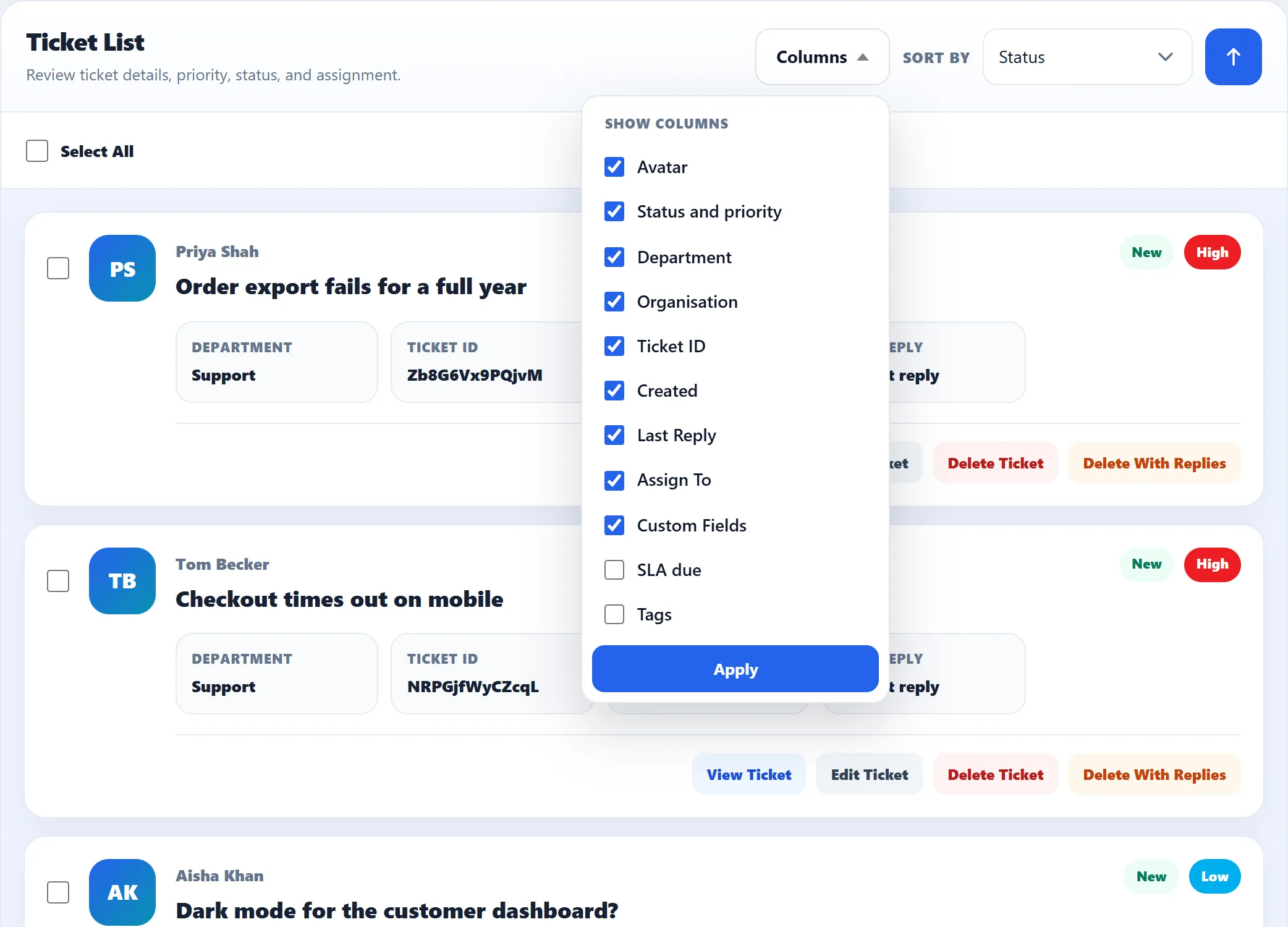 The Columns menu open over the ticket list, with tick boxes for Avatar, Status and priority, Department, Organisation, Ticket ID, Created, Last Reply, Assign To, Custom Fields, SLA due and Tags, and an Apply button.