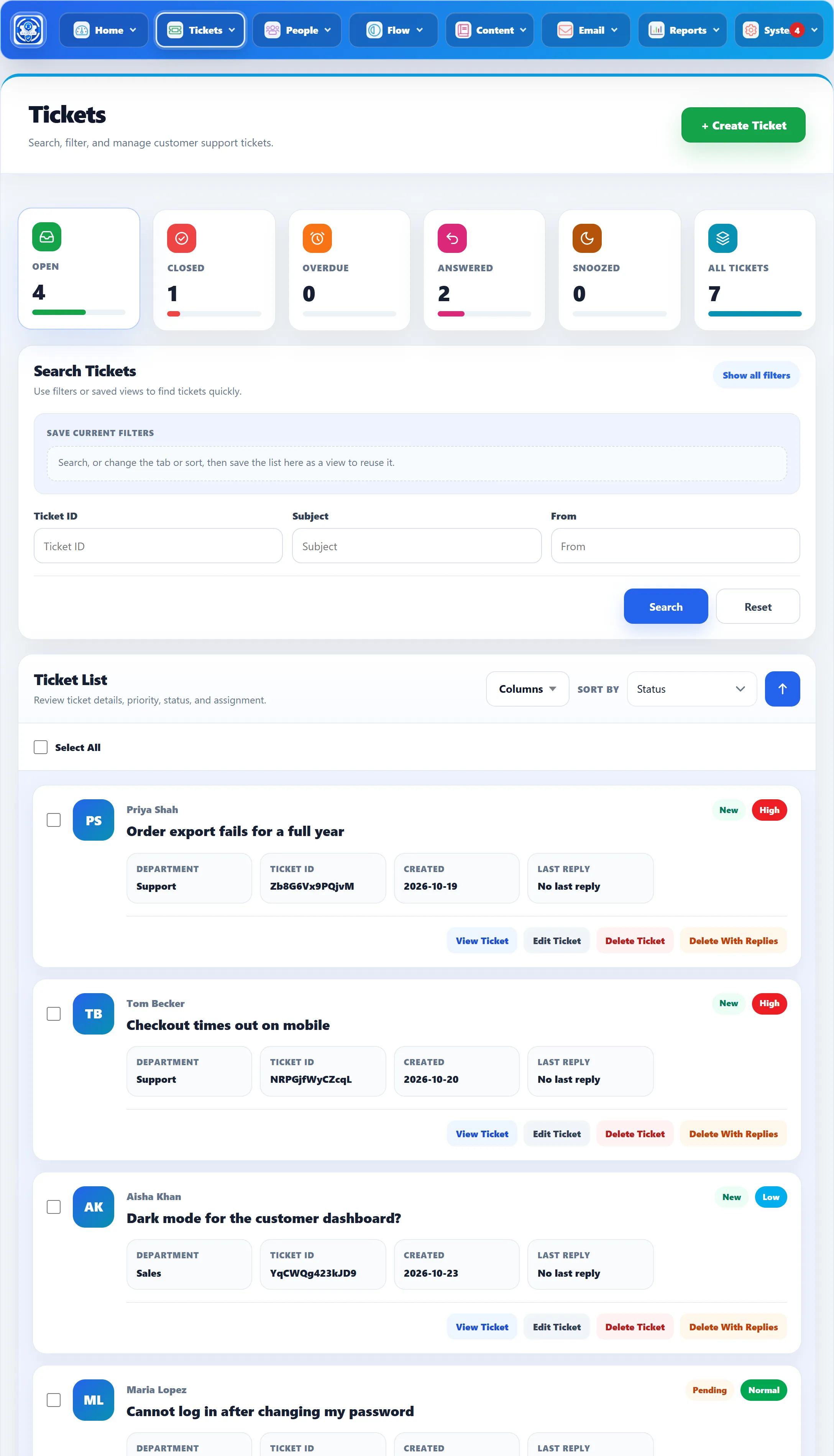 The Tickets screen: six status cards (Open 4, Closed 1, Overdue 0, Answered 2, Snoozed 0, All Tickets 7), the Search Tickets box with Ticket ID, Subject and From, and the ticket list with Sort By set to Status.