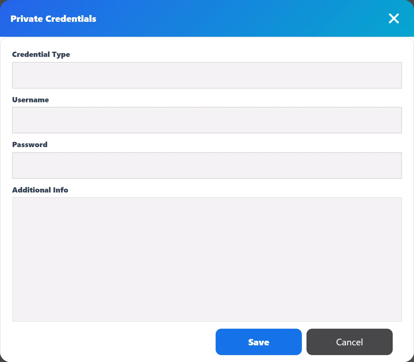 The Private Credentials window with the add form open: Credential Type, Username, Password and Additional Info, with Save and Cancel.