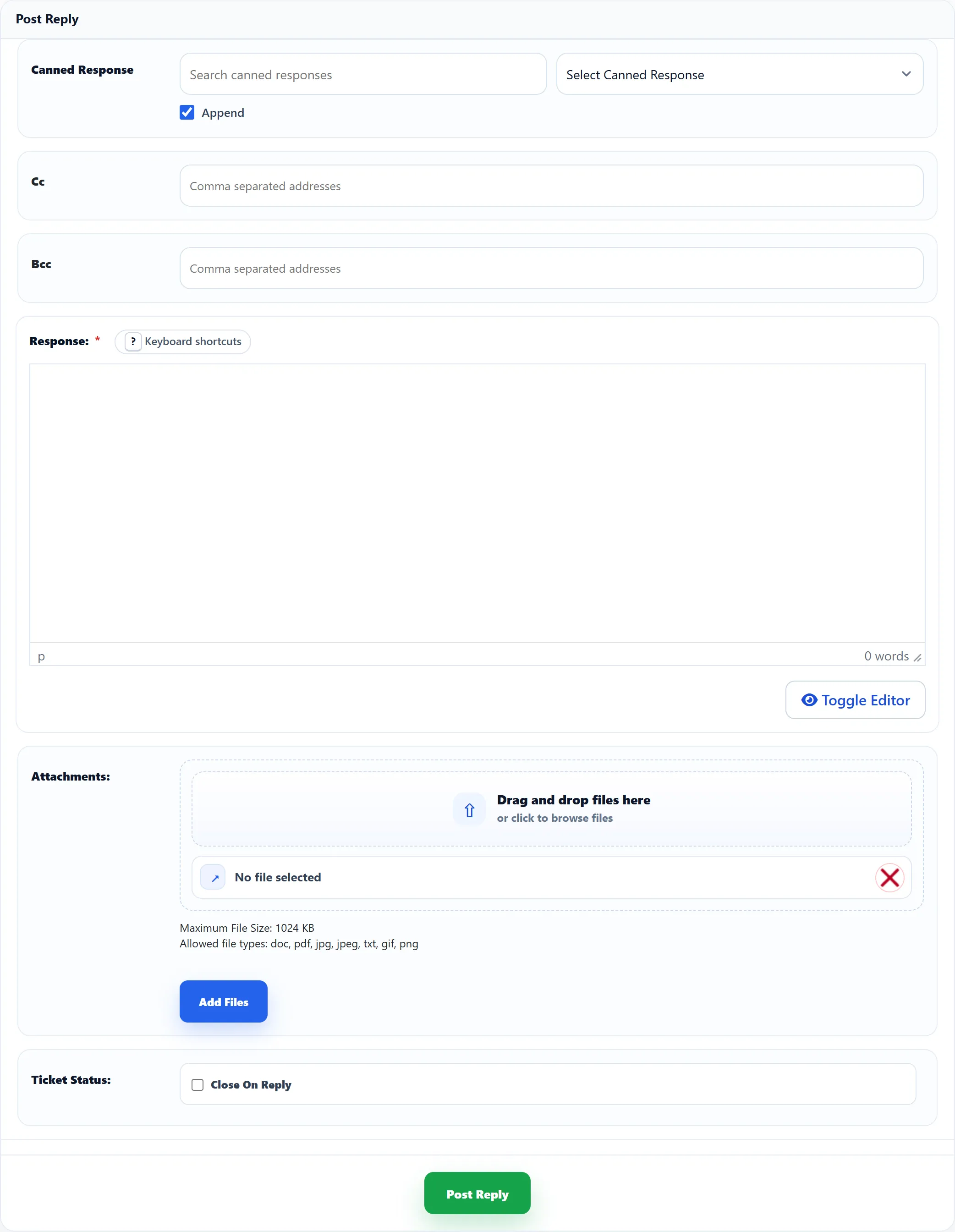 The Post Reply form: the Canned Response search and list with Append ticked, Cc and Bcc boxes, the Response editor with the Keyboard shortcuts button, the Attachments drop zone and the Close On Reply box.