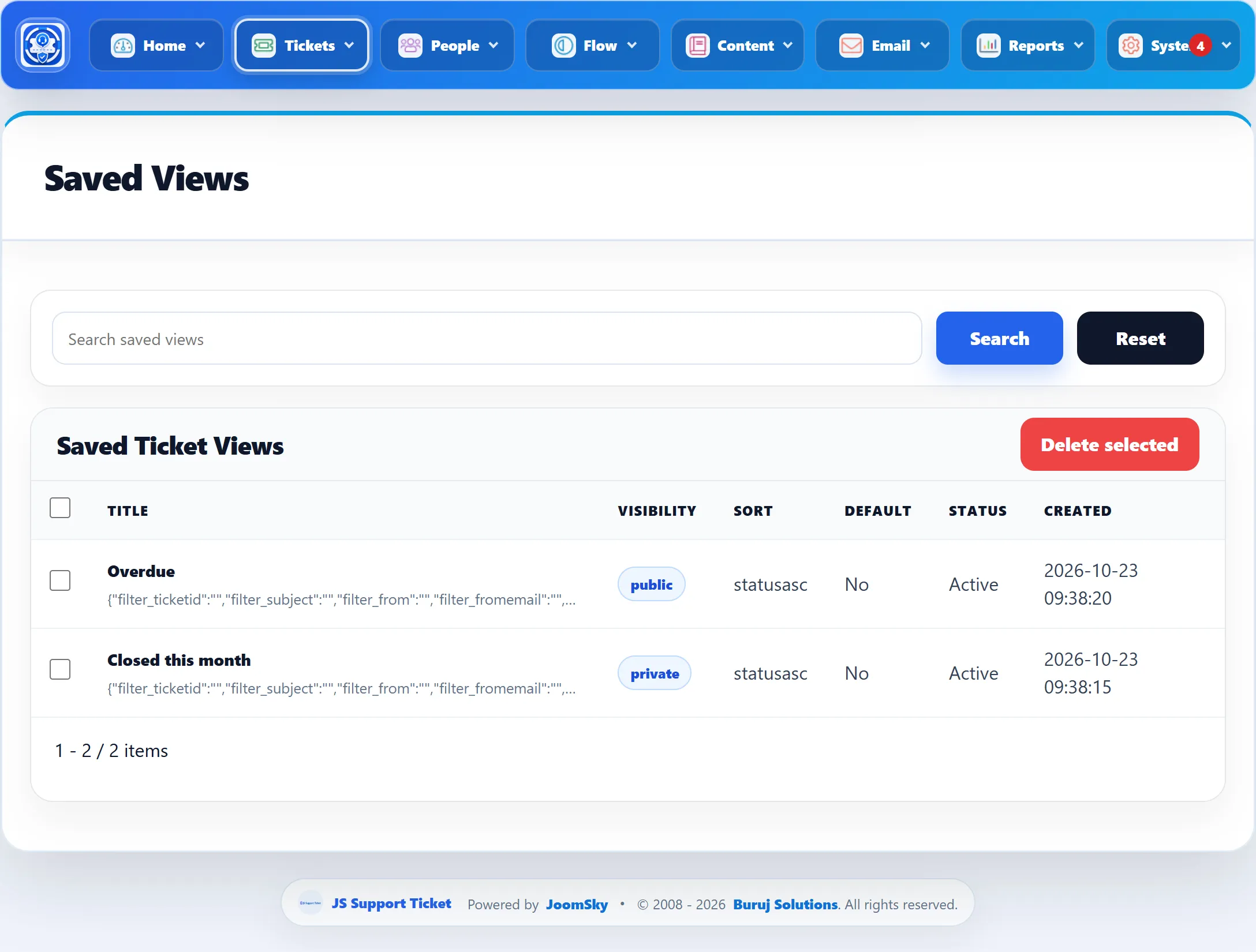 The Saved Views screen listing two views with their visibility, sort, default and status, and the Delete selected button.