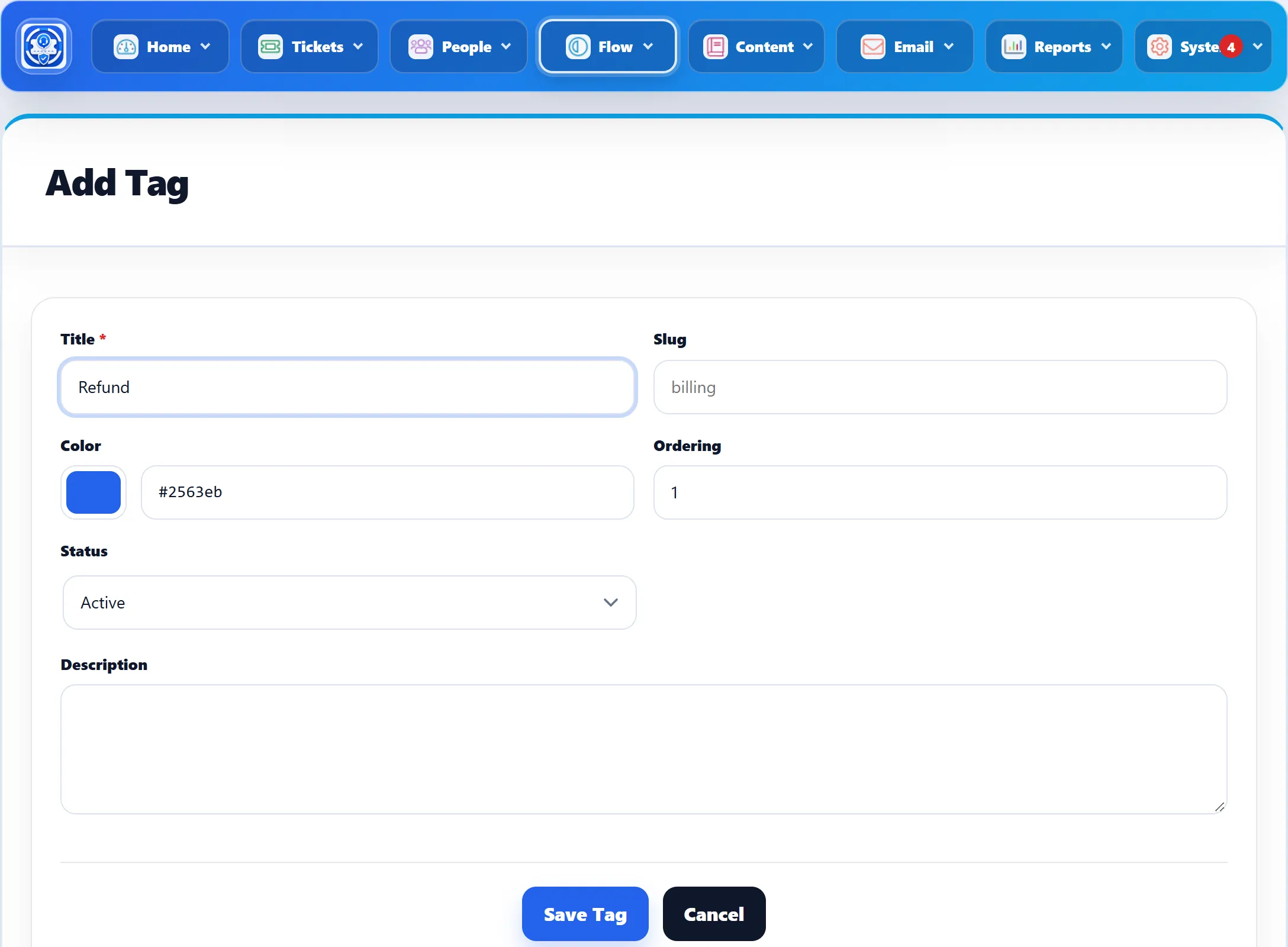 The Add Tag form with Title “Refund”, Slug, Color with its colour picker, Ordering, Status and Description, and the Save Tag and Cancel buttons.