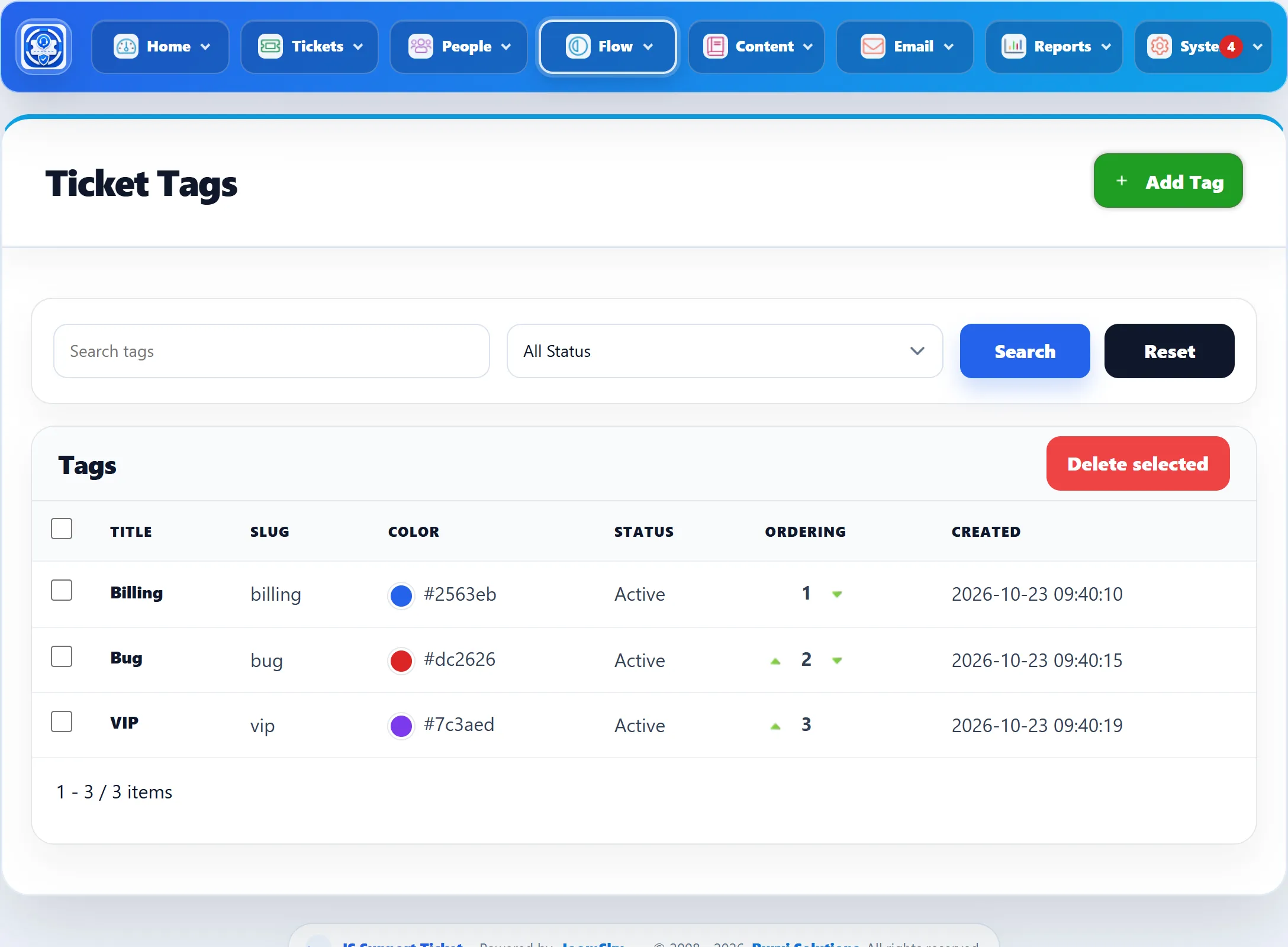 The Ticket Tags screen listing Billing, Bug and VIP with their slugs, colours, status and ordering arrows, with the Add Tag button and the Search tags box.