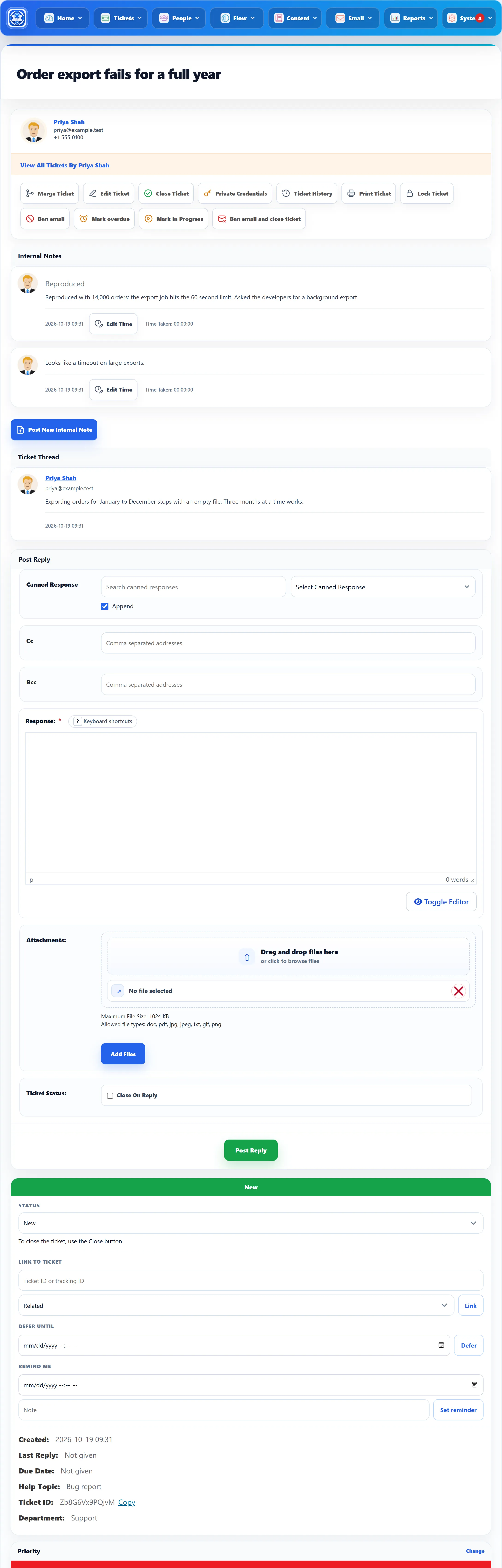 The ticket screen for Priya Shah’s ticket “Order export fails for a full year”: the customer card with the action buttons, two internal notes, the ticket thread and the reply form, then the New status badge, the status and follow-up tools and the ticket’s details.
